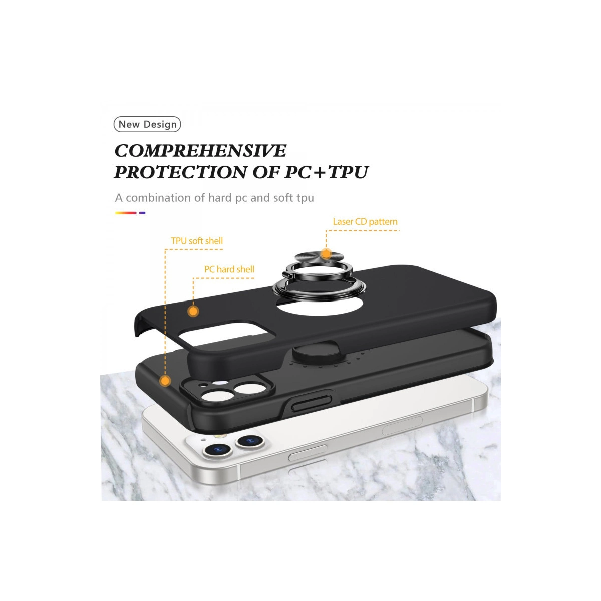 Telefon üzerinde PC sert kabuklu ve TPU yumuşak kabuklu siyah telefon kılıfı tasarımı.