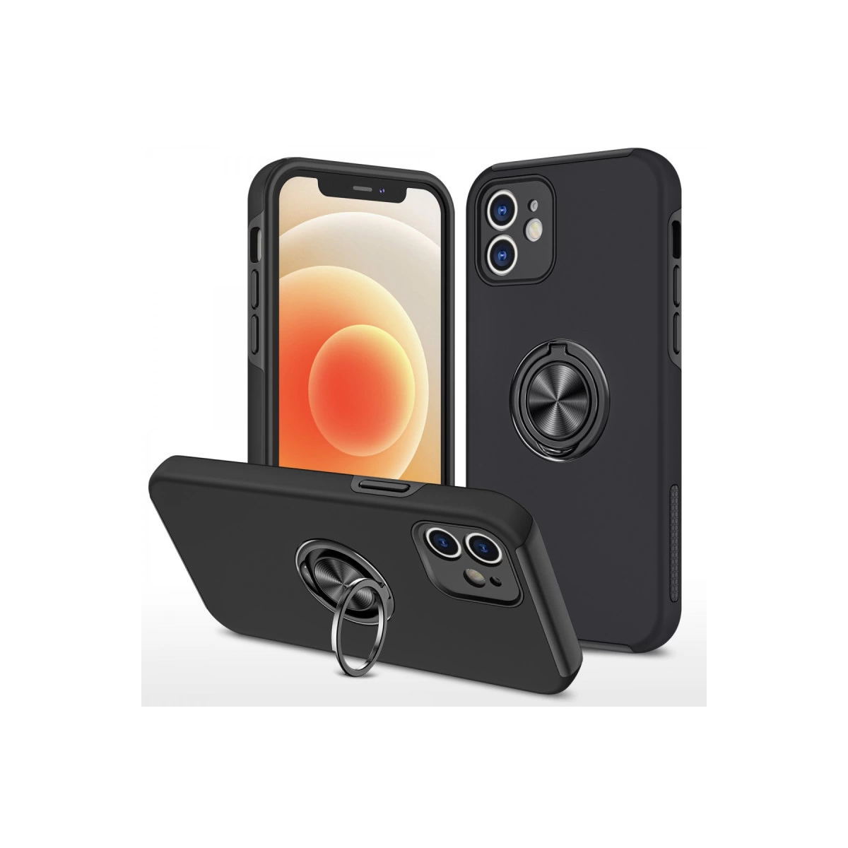 Halka tutuculu üç siyah telefon kılıfı, biri ekranı gösteriyor.