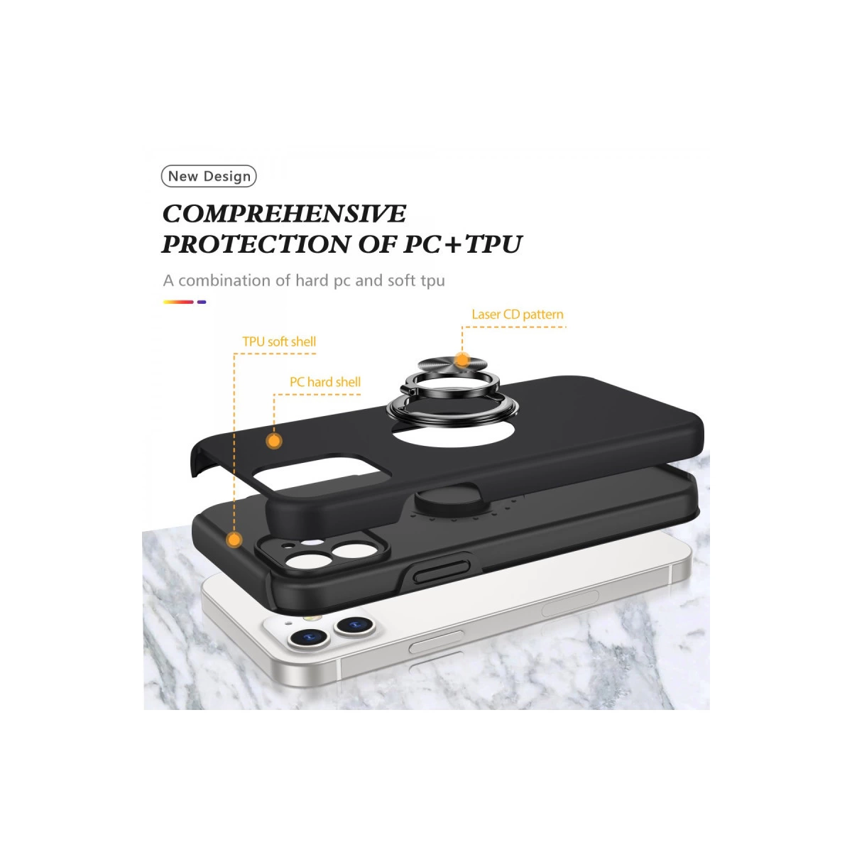 PC ve TPU katmanlarından oluşan halka tutuculu siyah telefon kılıfı.