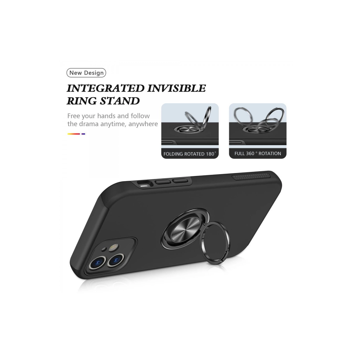 Entegre halkalı stantlı siyah telefon kılıfı, 180° ve 360° döndürme.