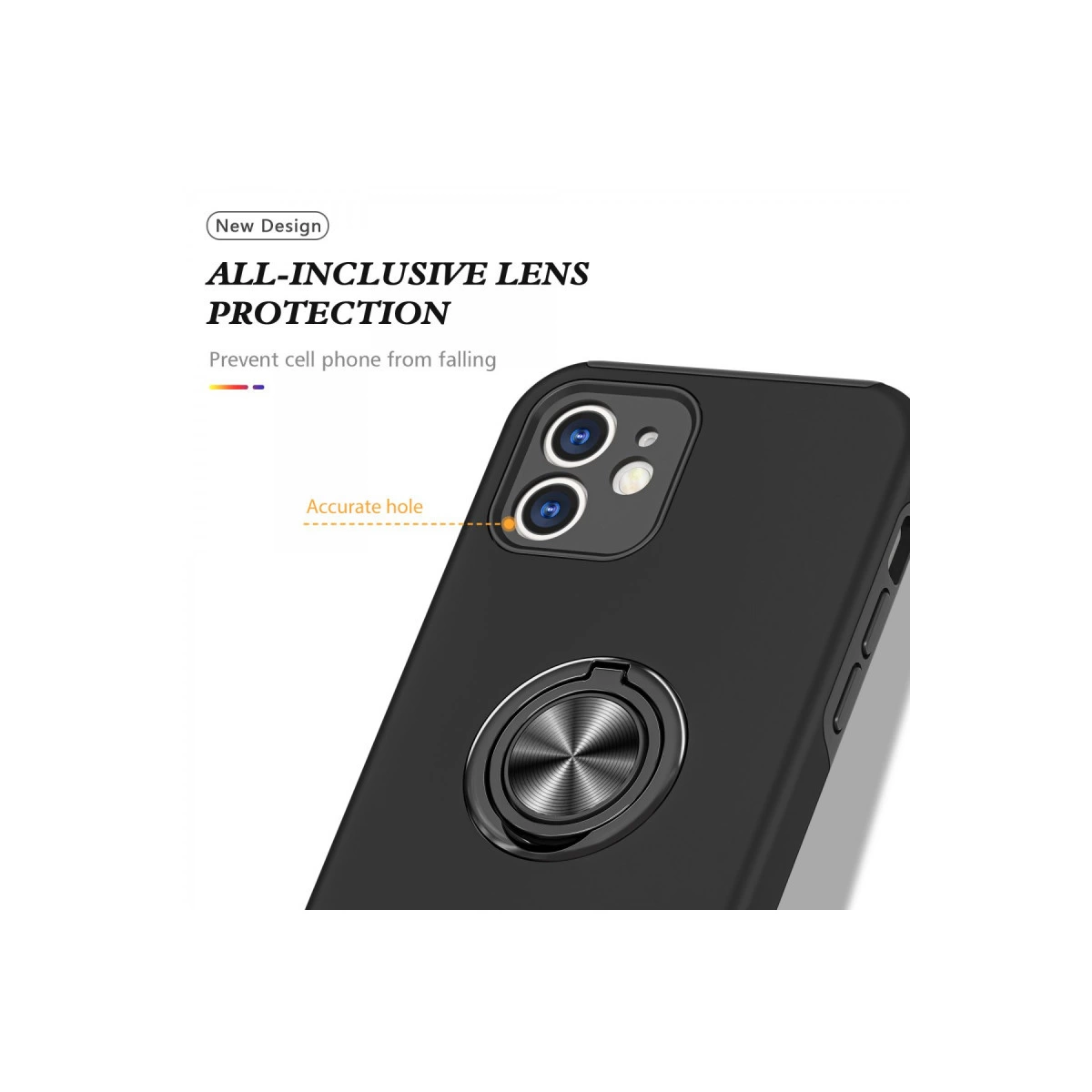 Halka tutuculu, kamera lens korumalı siyah telefon kılıfı.