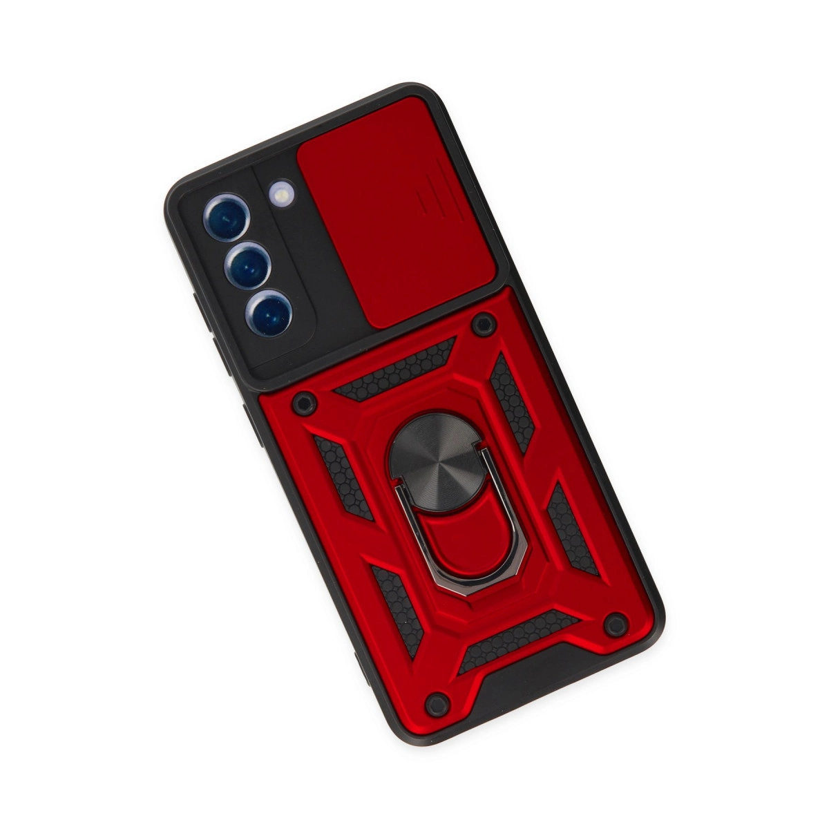 Kamera kapaklı, halka tutuculu, petek desenli kırmızı telefon kılıfı.