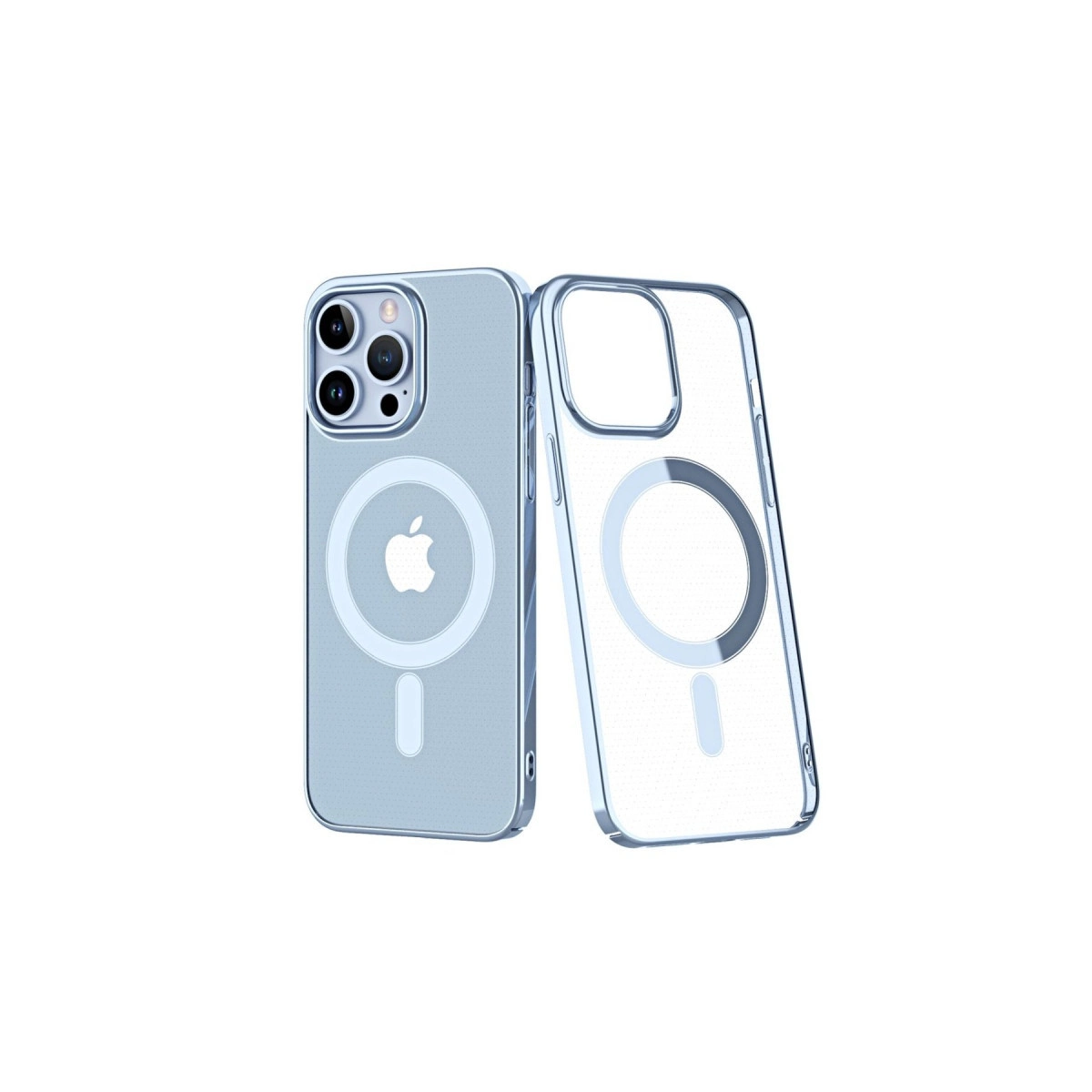 MagSafe halkalı ve Apple logolu iki şeffaf telefon kılıfı.