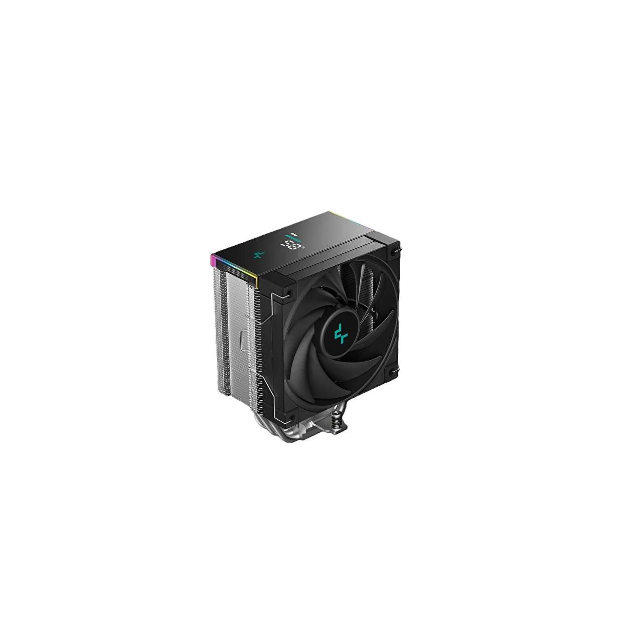 Dissipatore CPU nero con ventola e illuminazione RGB su sfondo bianco.