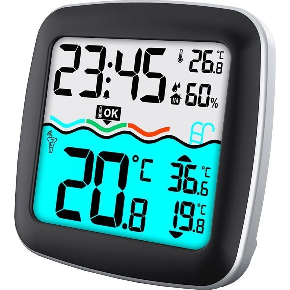 Digitalanzeige zeigt Zeit, Temperatur, Luftfeuchtigkeit und Pool-Temperatur.