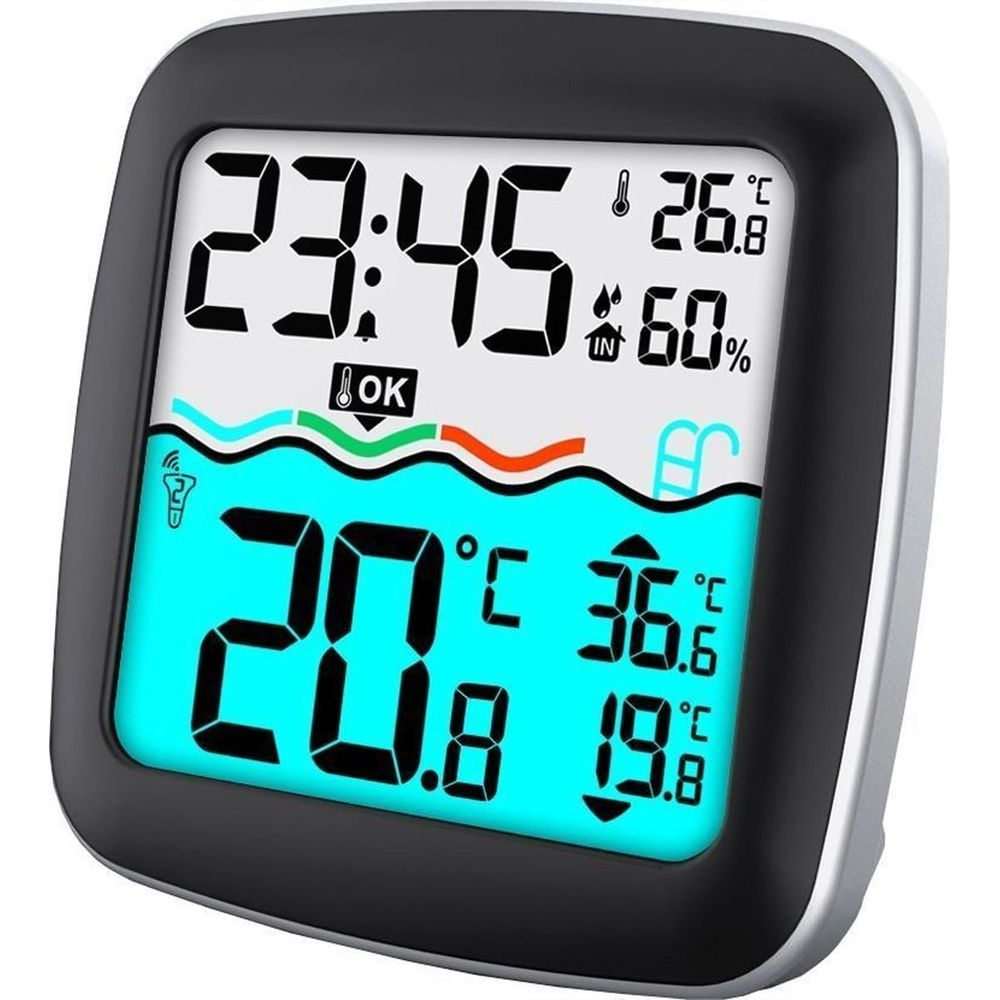 Digitalanzeige zeigt 23:45 Uhr, 26.8C, 60% Luftfeuchtigkeit und 20.8C Wassertemperatur.
