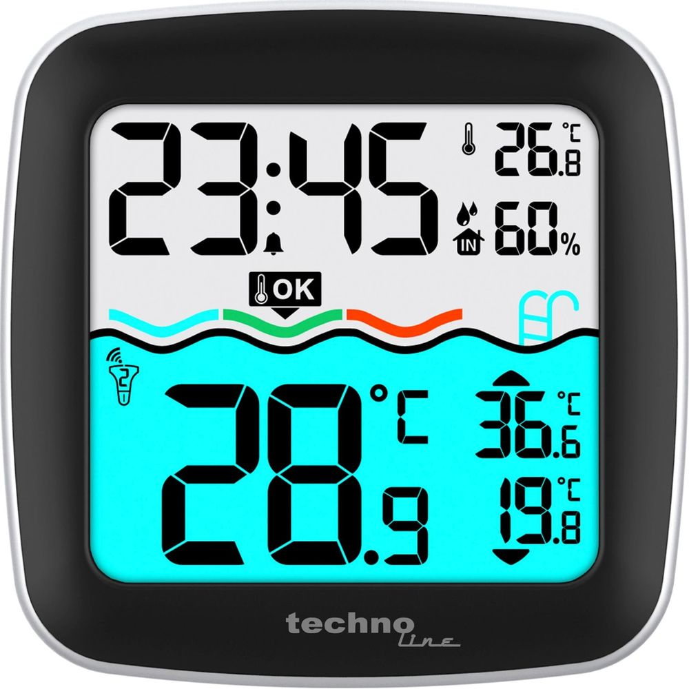 Digitaluhr zeigt Zeit, Temperatur und Luftfeuchtigkeit an. Pool-Symbol.