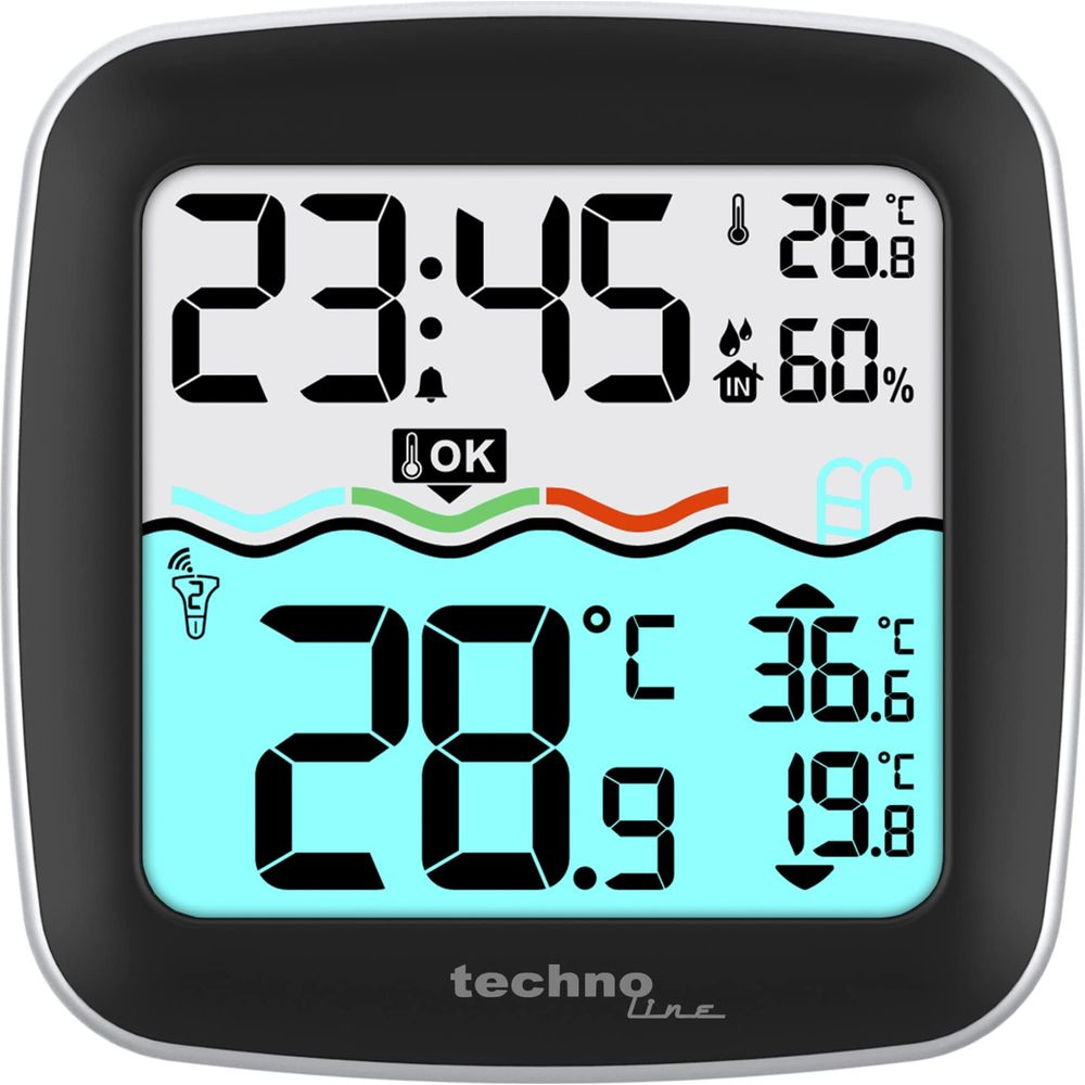 Digitalanzeige mit Uhrzeit 23:45, Innen-/Außentemperatur und Luftfeuchtigkeit.