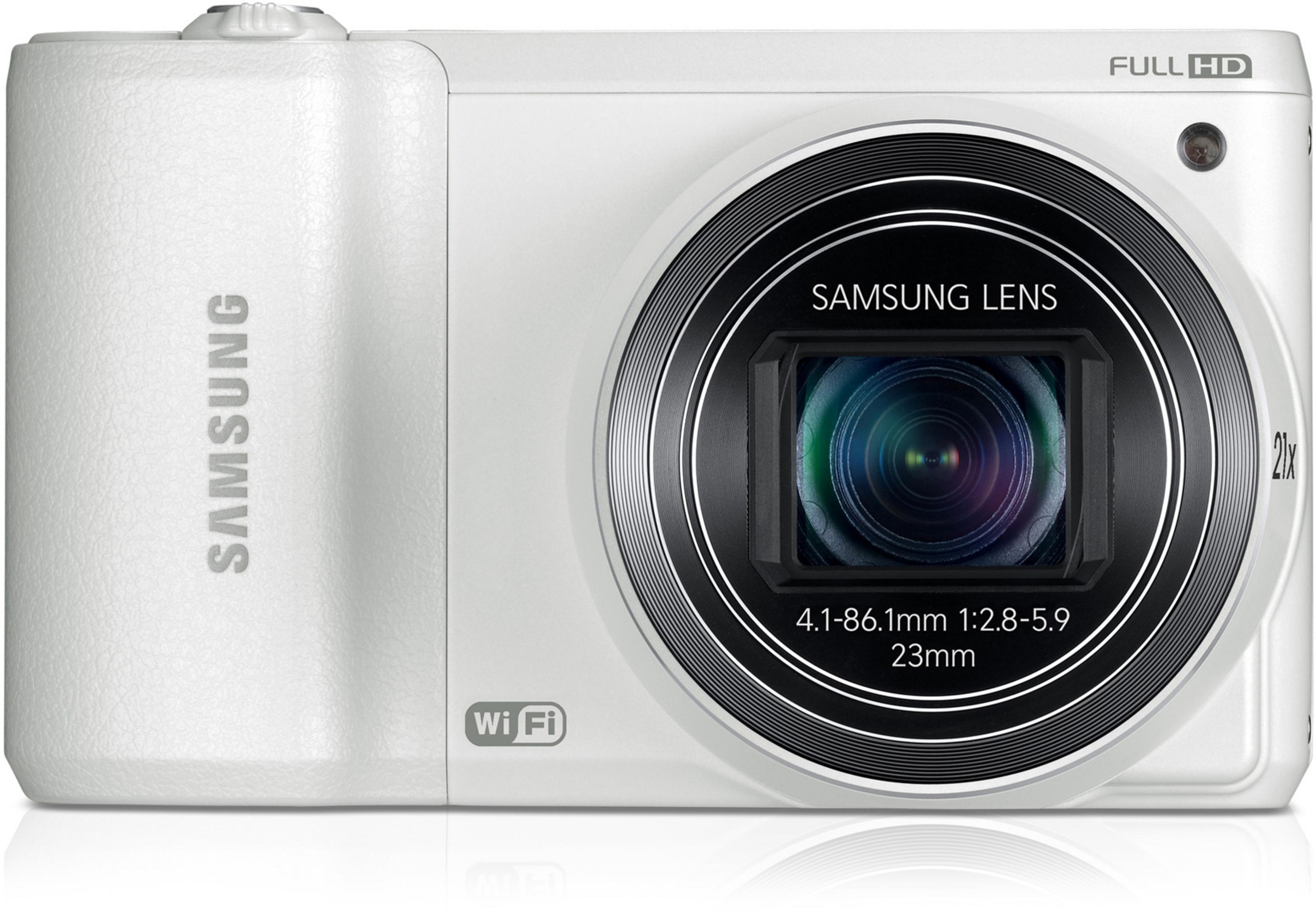 Una fotocamera Samsung bianca con zoom 21x e Wi-Fi.