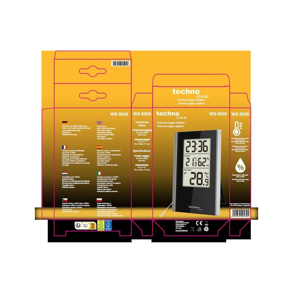 Emballage avec thermo-hygromètre. Affiche l'heure, la temp. int./ext. et l'humidité.