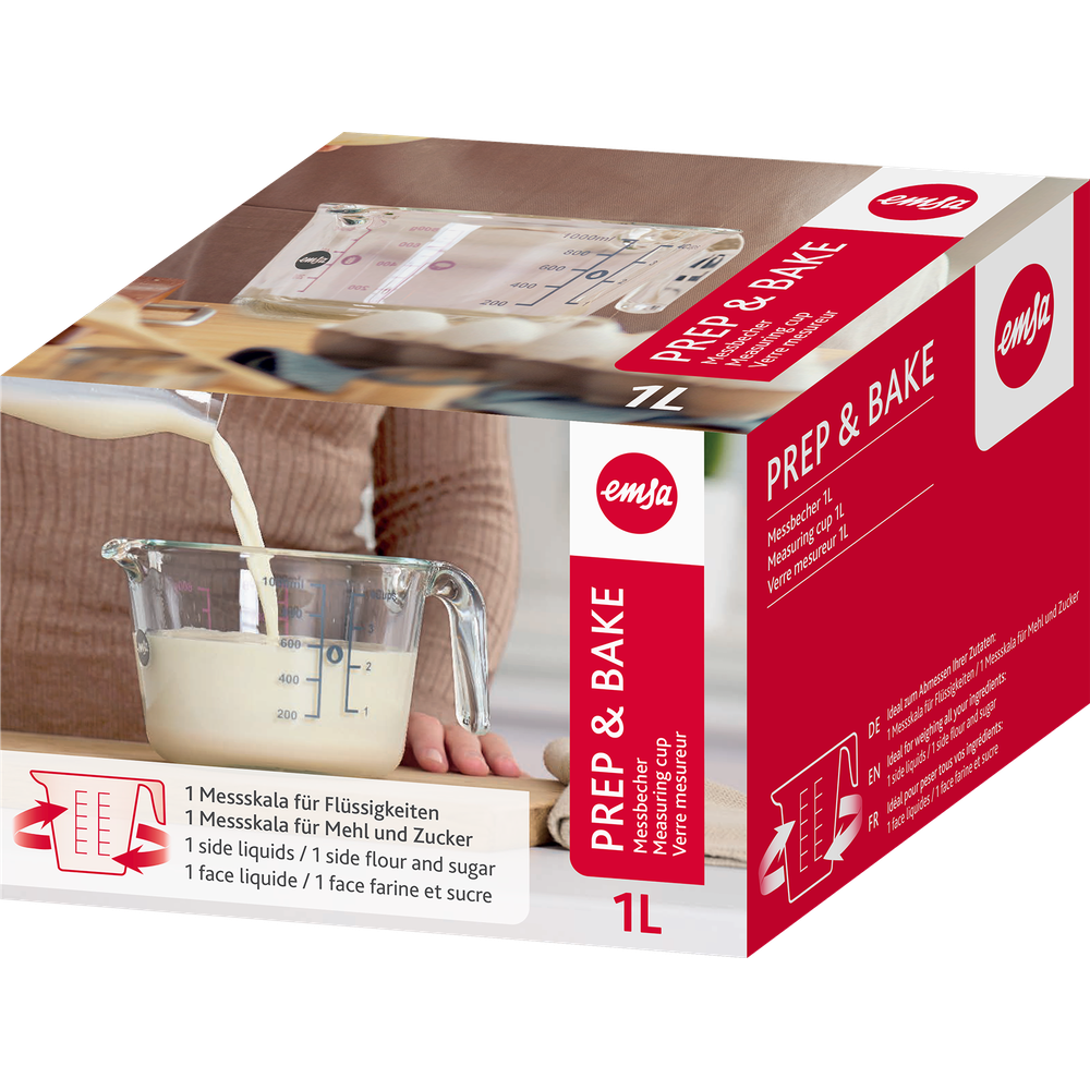 Ein Messbecher mit 1L Fassungsvermögen wird mit Milch gefüllt.