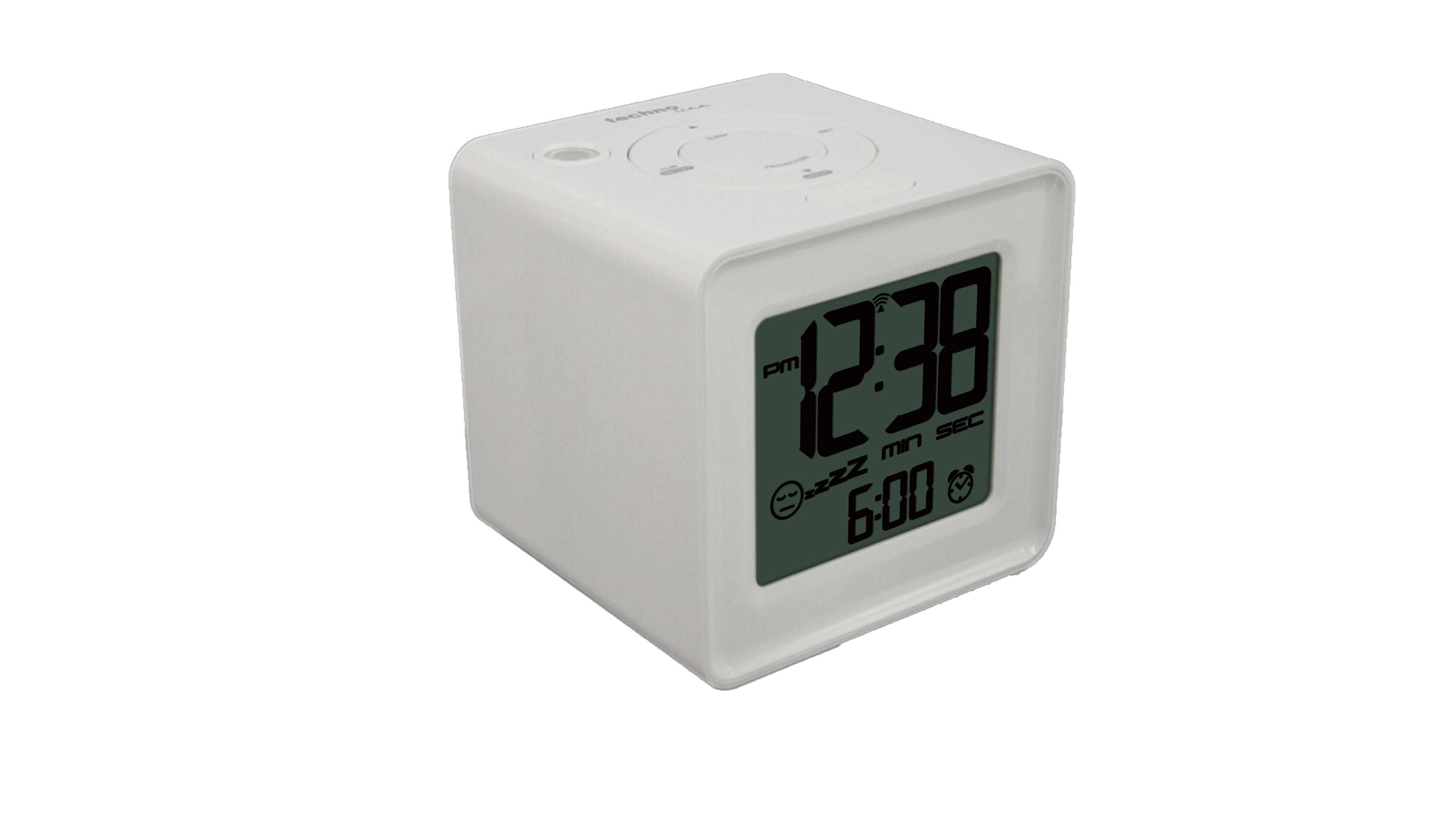 Un réveil cube blanc affiche 12:38 et 6:00.