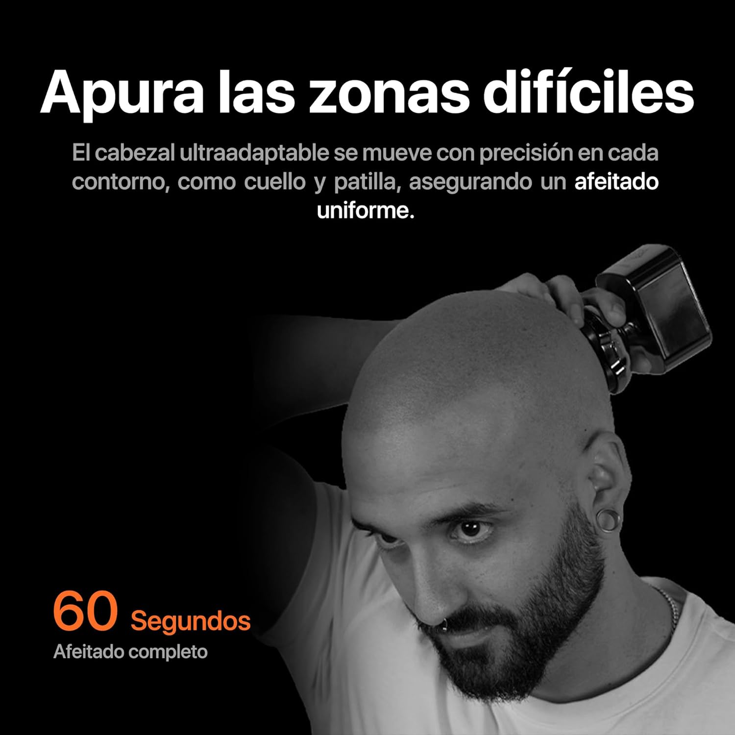 Un hombre se afeita la cabeza con una maquinilla. Se muestra "60 segundos".
