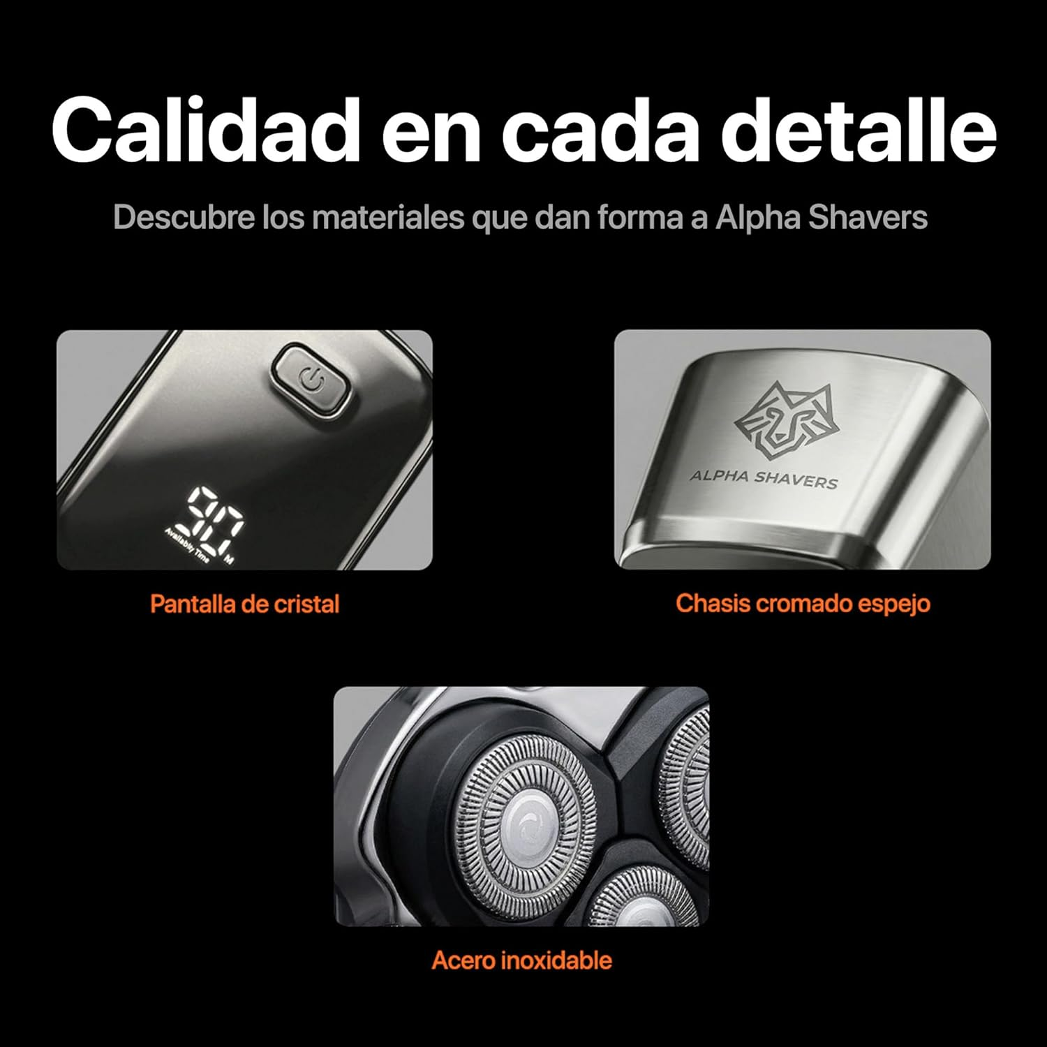 Primer plano de una afeitadora mostrando pantalla, logo y cabezales.