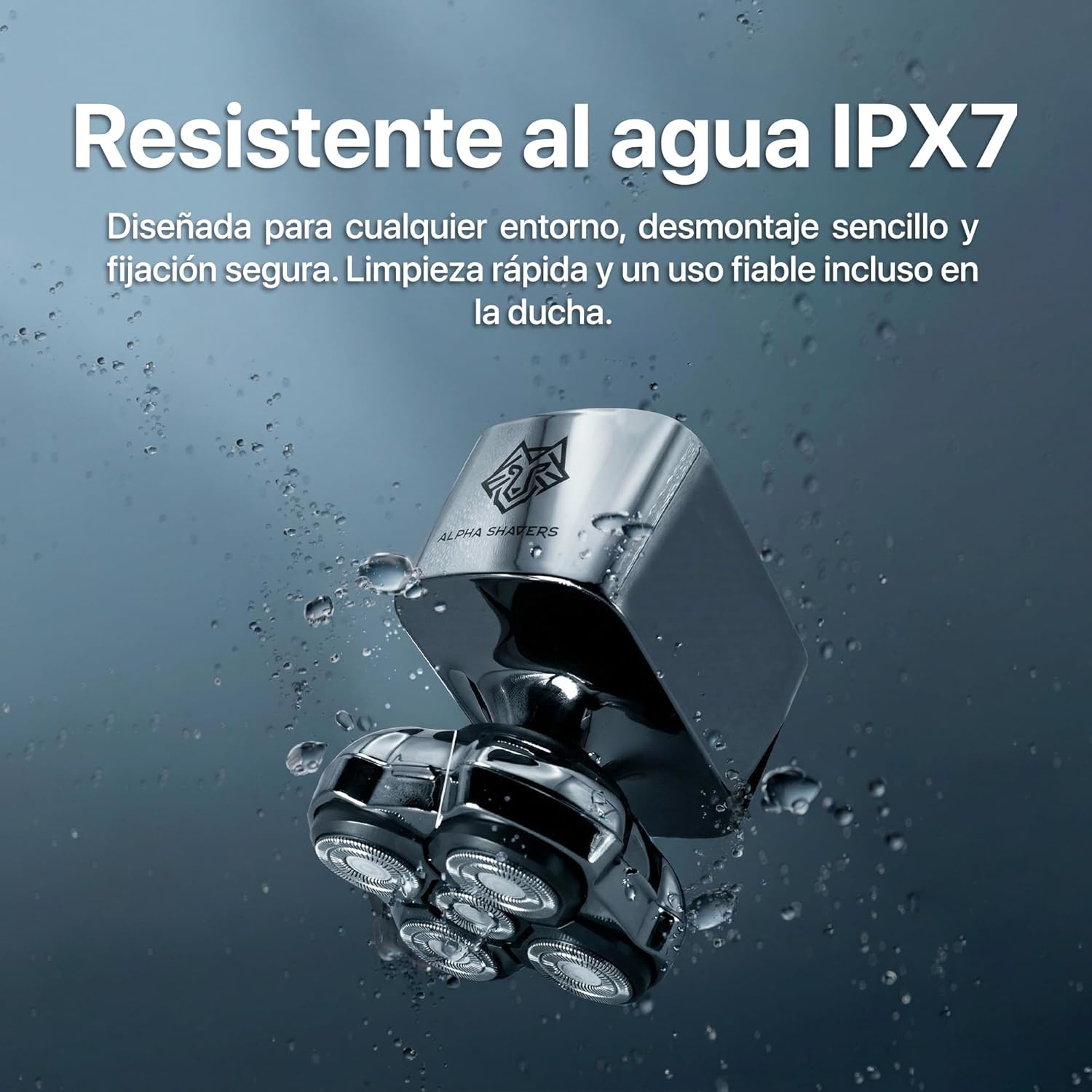 Afeitadora IPX7 resistente al agua rodeada de gotas de agua.