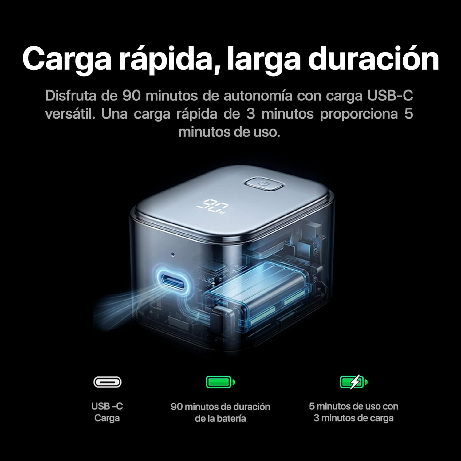 Una carcasa transparente muestra una batería con USB-C. Información de carga se muestra abajo.