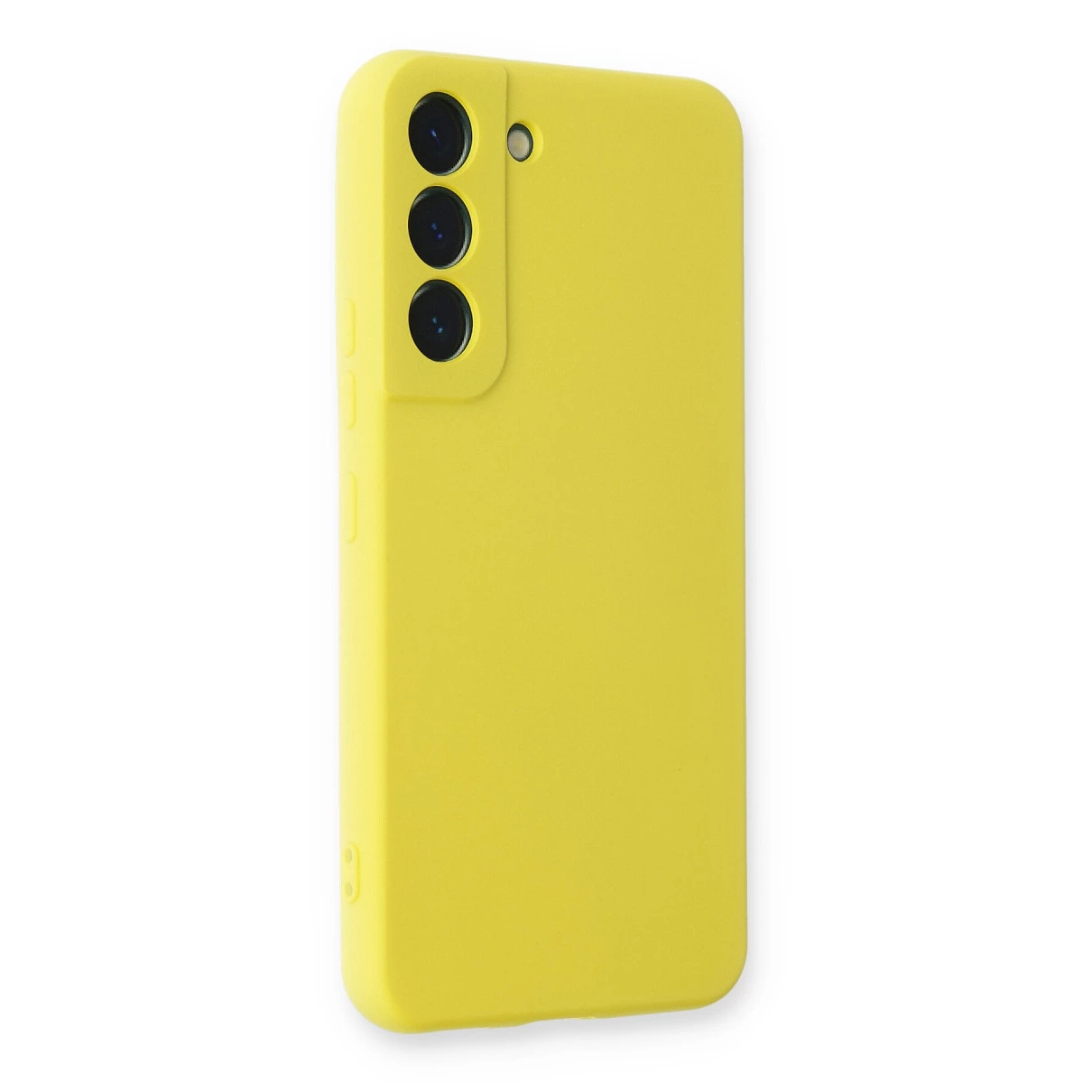 Arkada üç kamera lensli sarı telefon kılıfı.