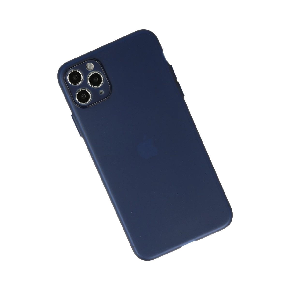 Üç kamera lensli ve elma logolu lacivert telefon kılıfı.