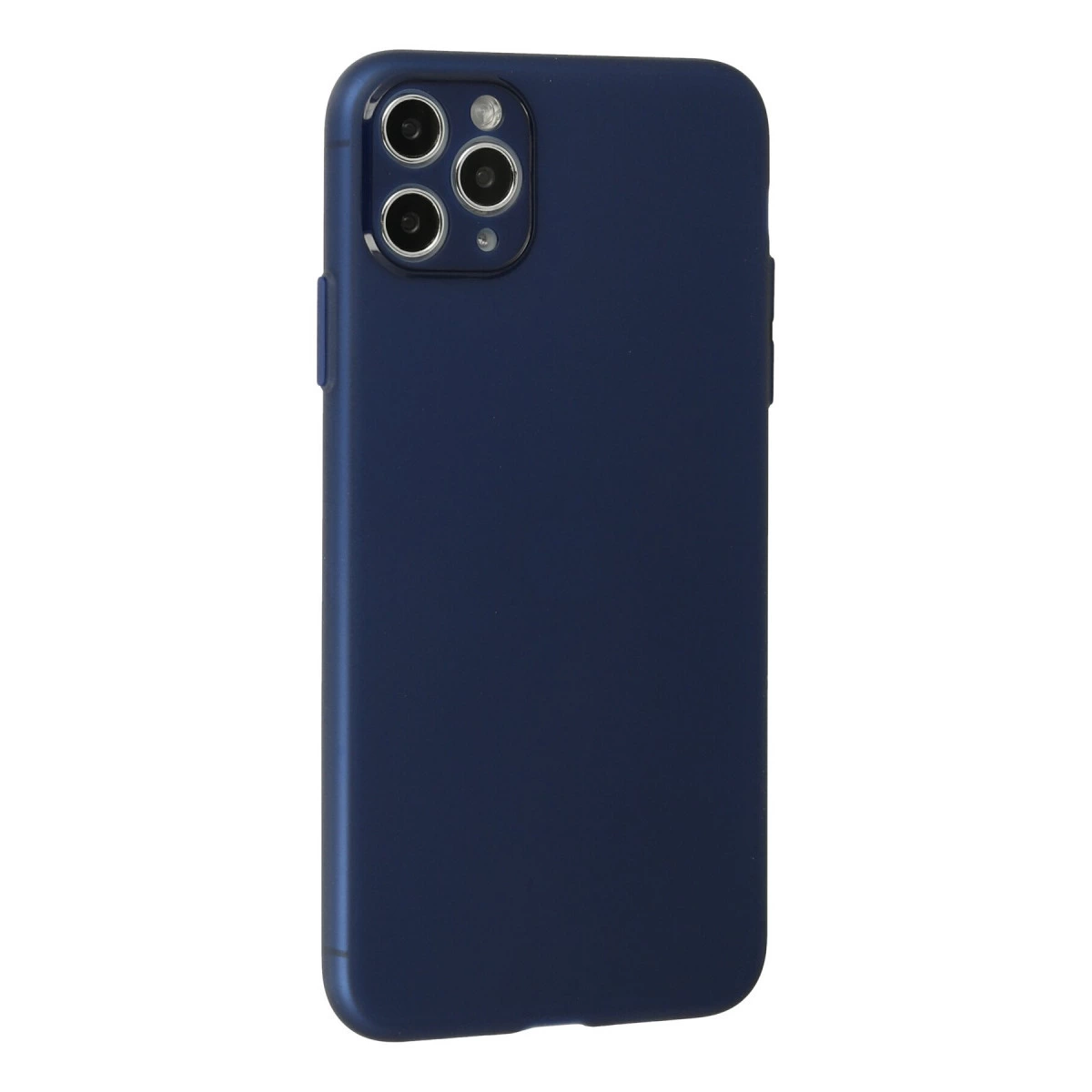 Beyaz arka plan üzerinde üçlü kamera kesimli lacivert telefon kılıfı.
