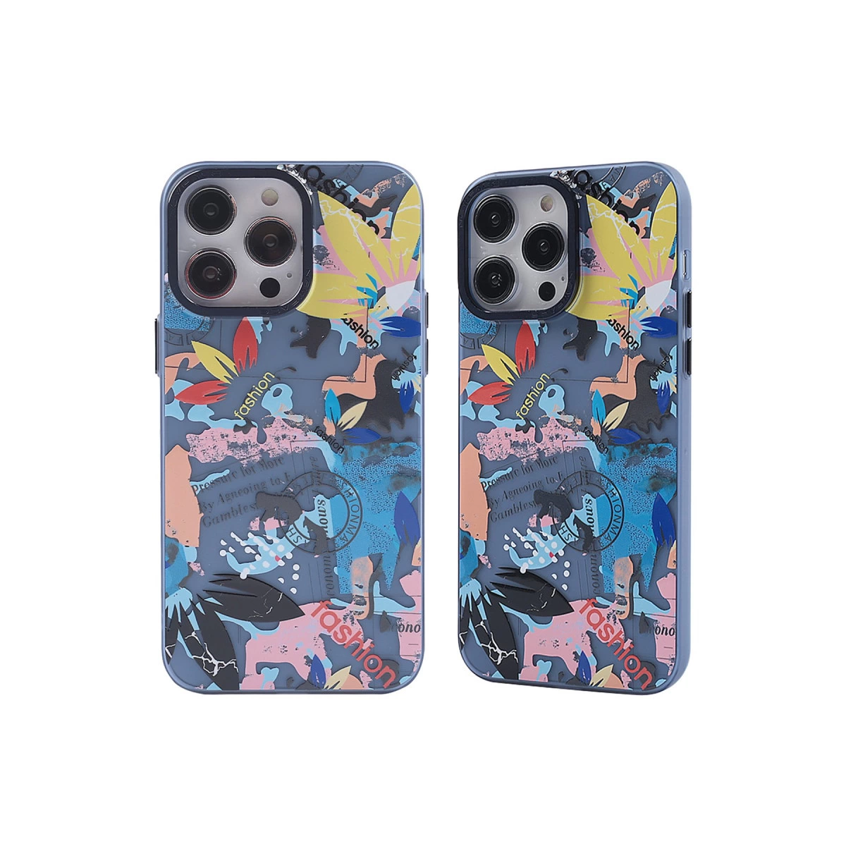 Renkli, soyut desenli ve "fashion" yazılı iki telefon kılıfı.