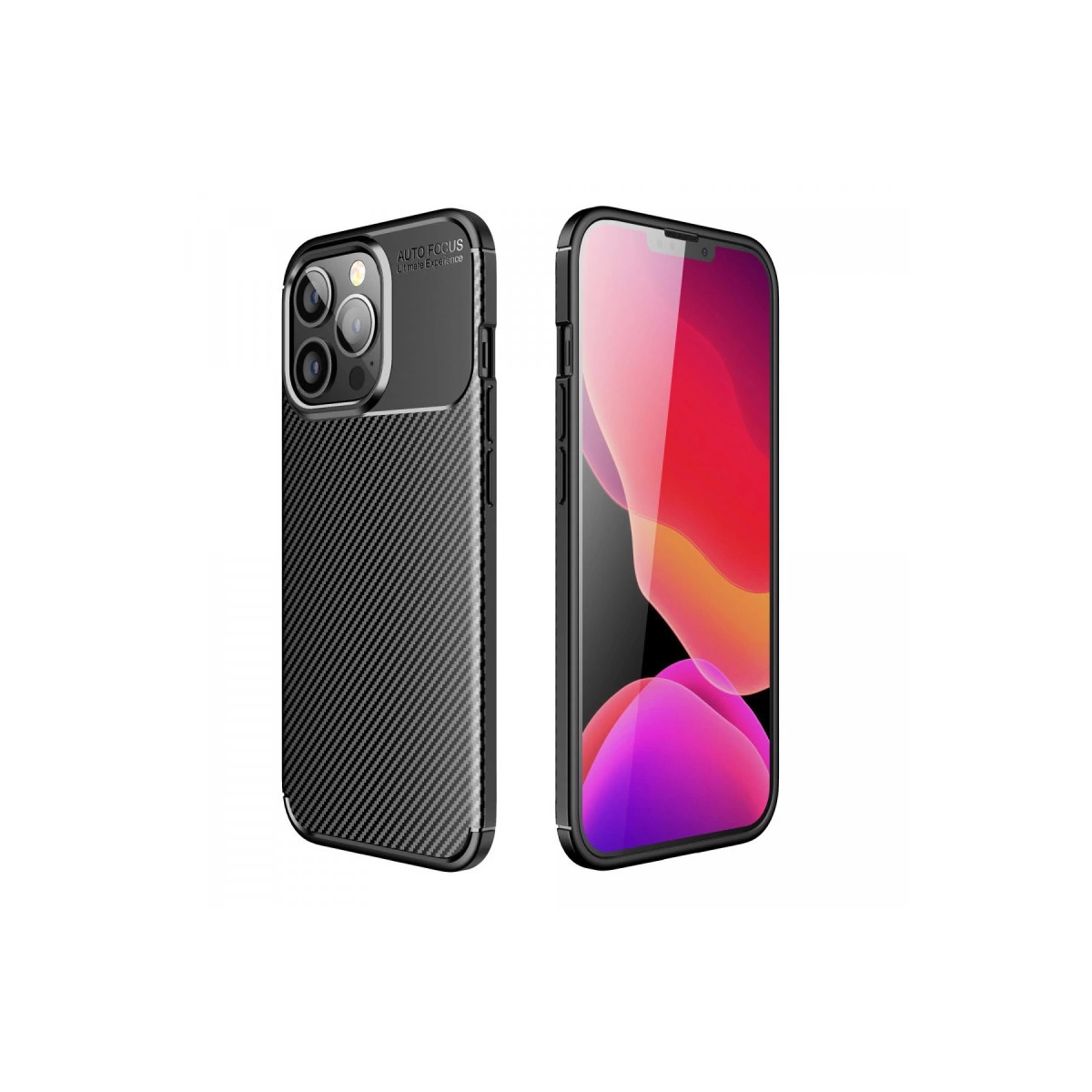 Siyah karbon desenli telefon kılıfı ve renkli ekranlı bir akıllı telefon.