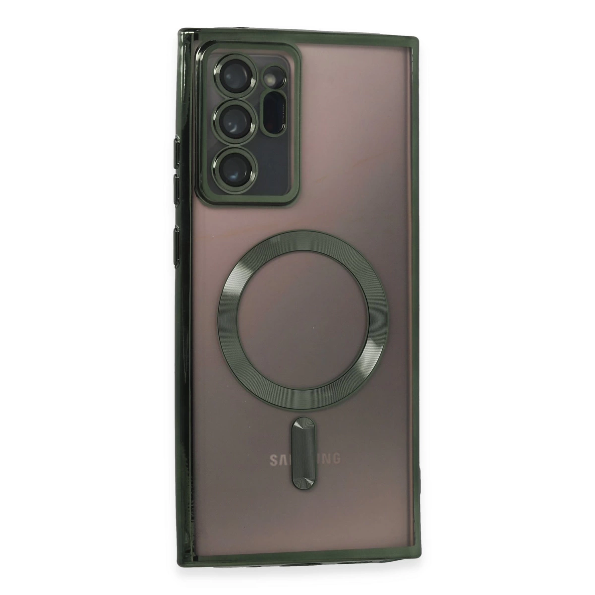Koyu kılıflı, kameralı ve şarj halkalı akıllı telefonun arkası.