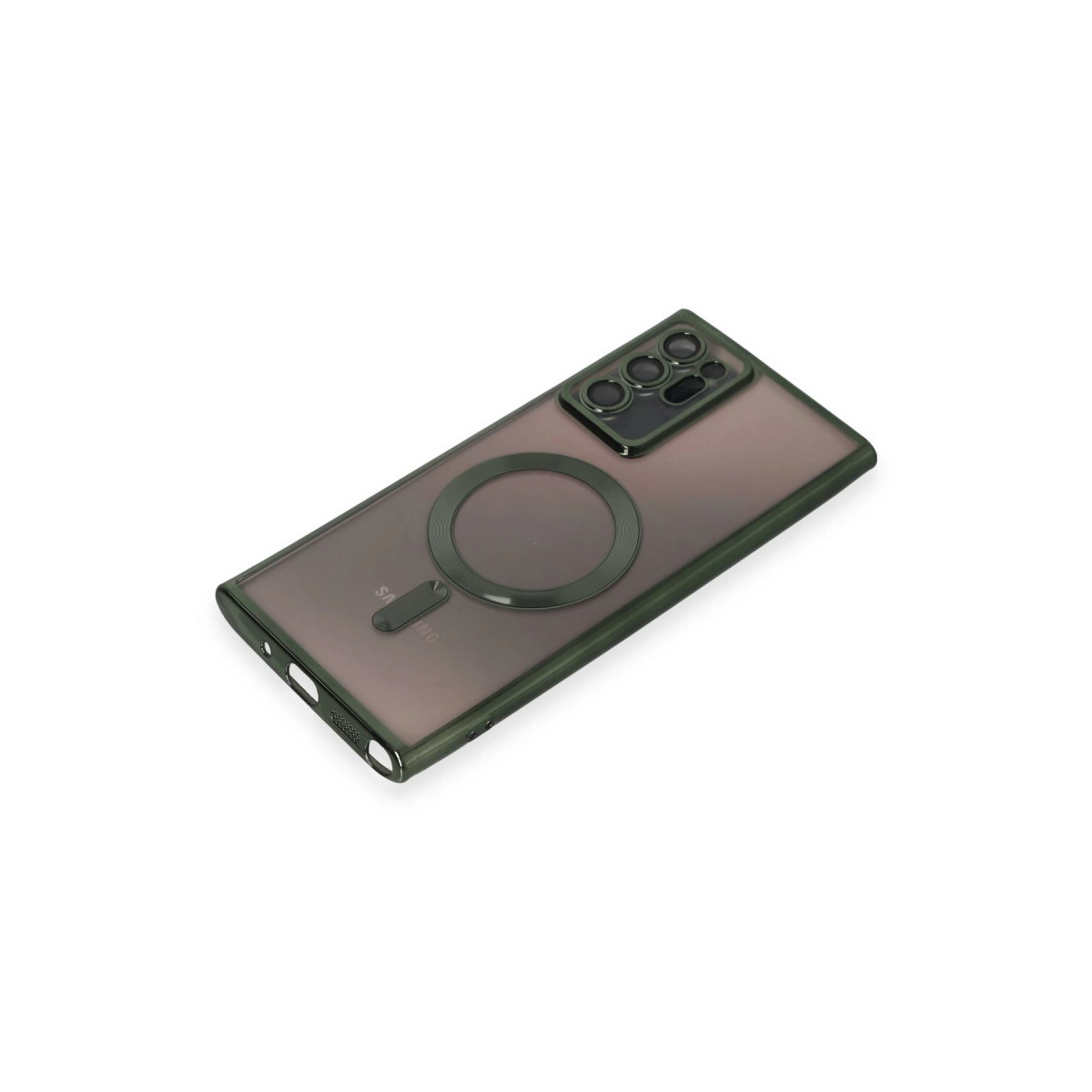 Kamera modülü ve halka tutuculu koyu gri telefon, beyaz arka plan üzerinde.