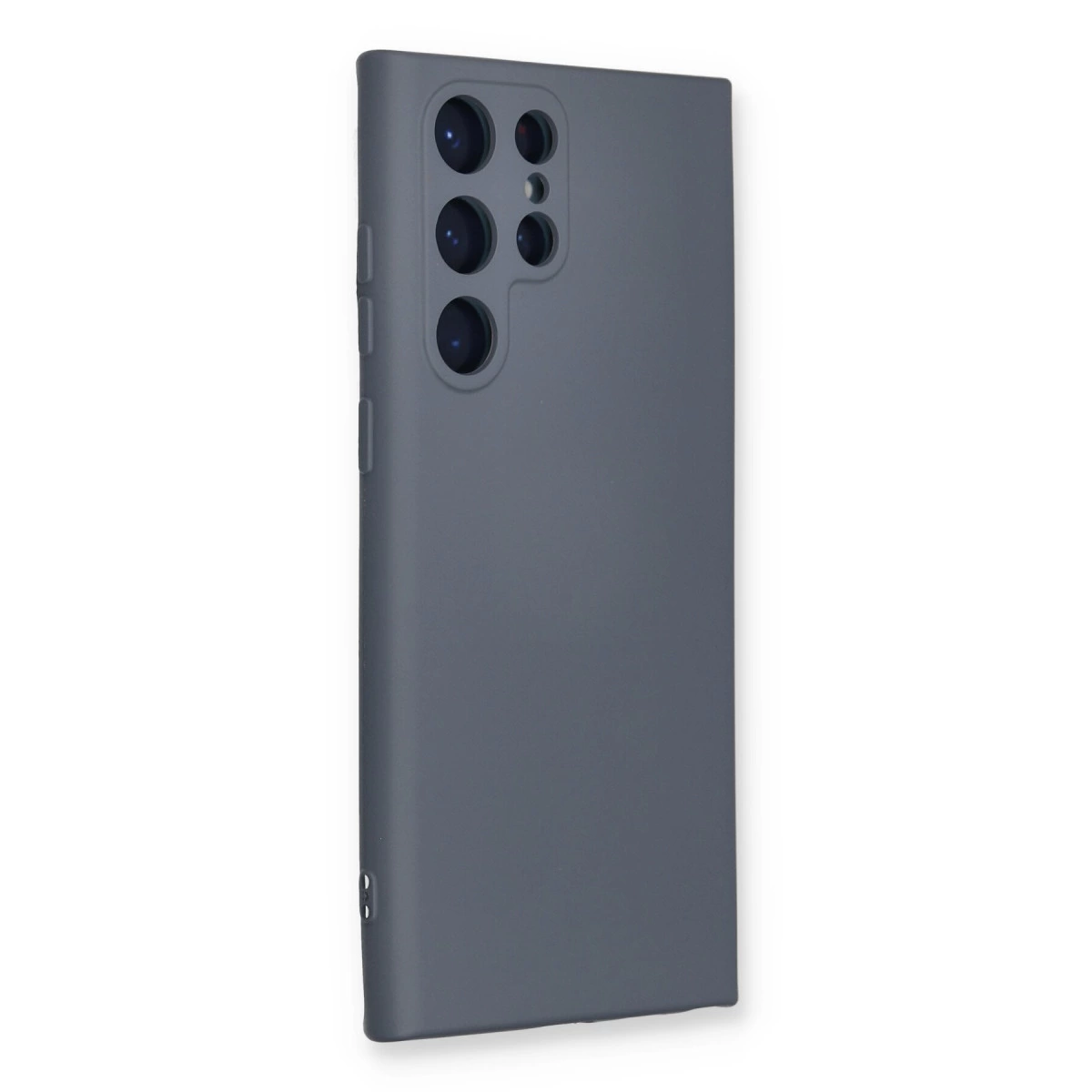 Arkada kamera kesimi olan koyu gri telefon kılıfı.