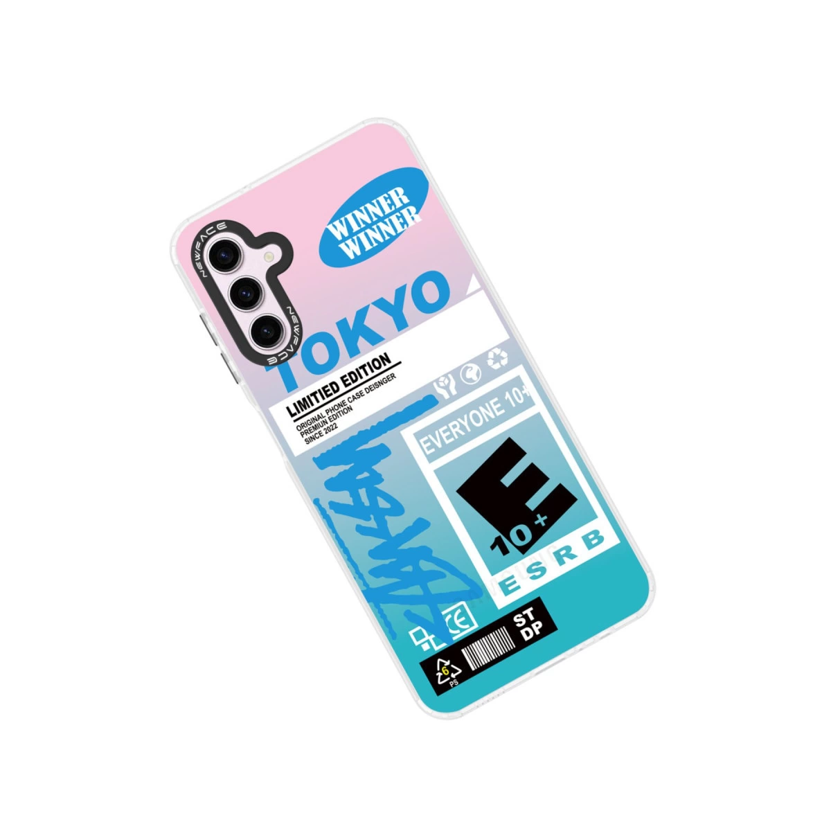 'Tokyo', 'Winner Winner' ve ESRB E 10+ baskılı telefon kılıfı.