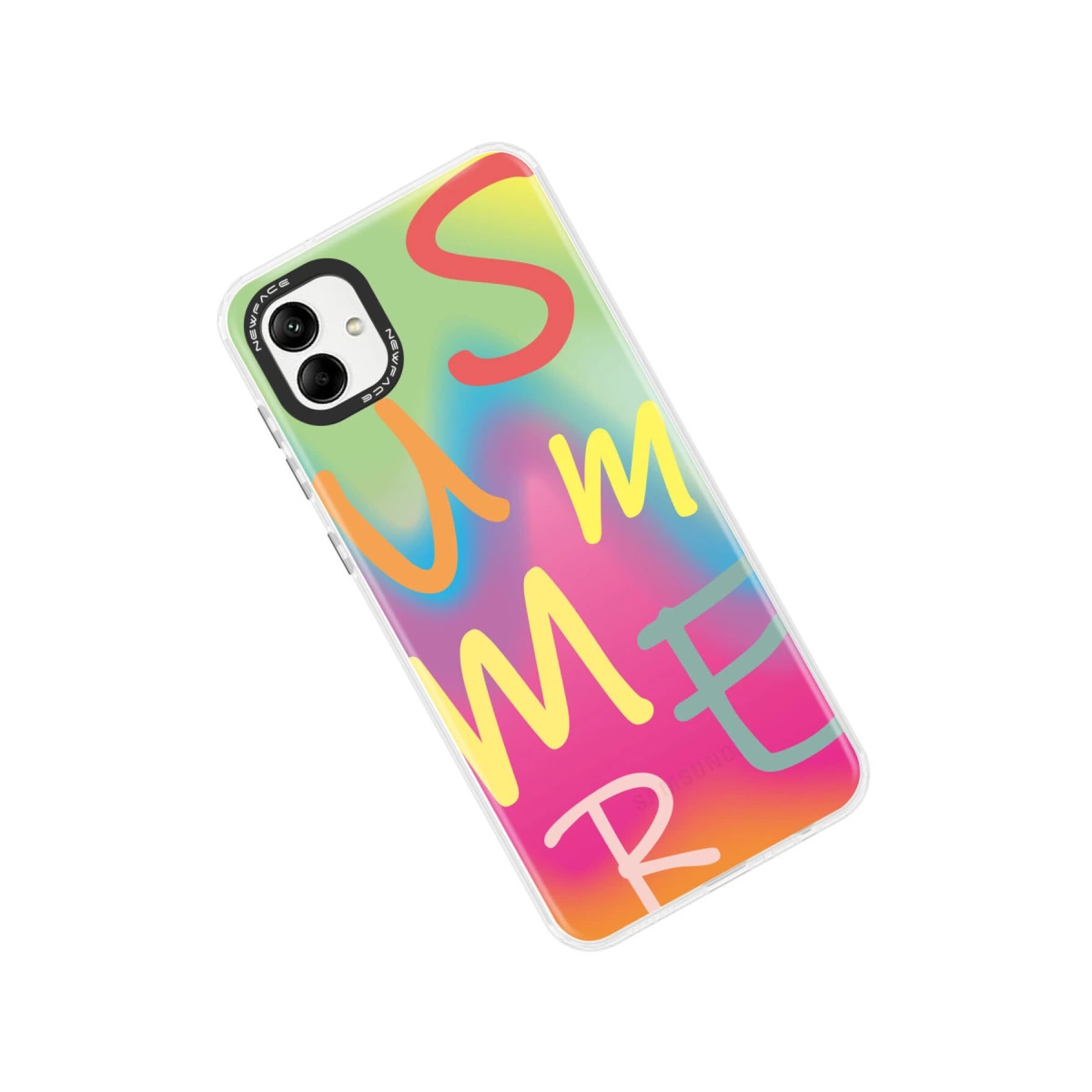 Renkli, soyut harflerle "SUMMER" yazılı iPhone kılıfı, degrade arka planlı.