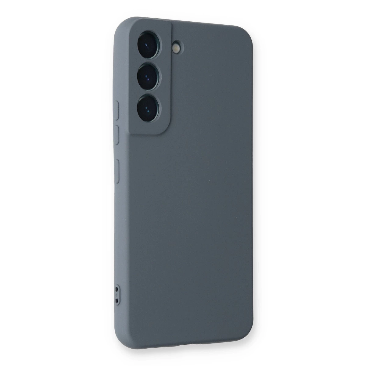 Arkada üç kamera lensi ve flaşlı gri telefon kılıfı.
