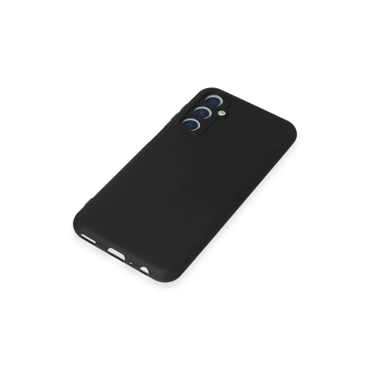 Beyaz arka plan üzerinde üç kamera lensli siyah telefon kılıfı.