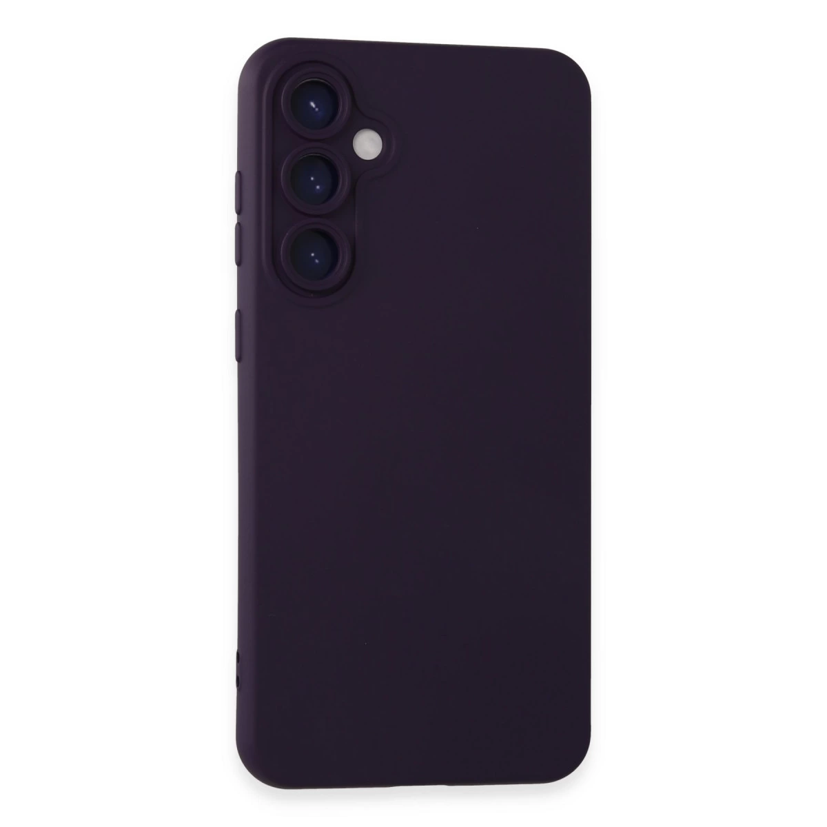 Üç kamera lensli ve flaşlı koyu mor telefon kılıfı.