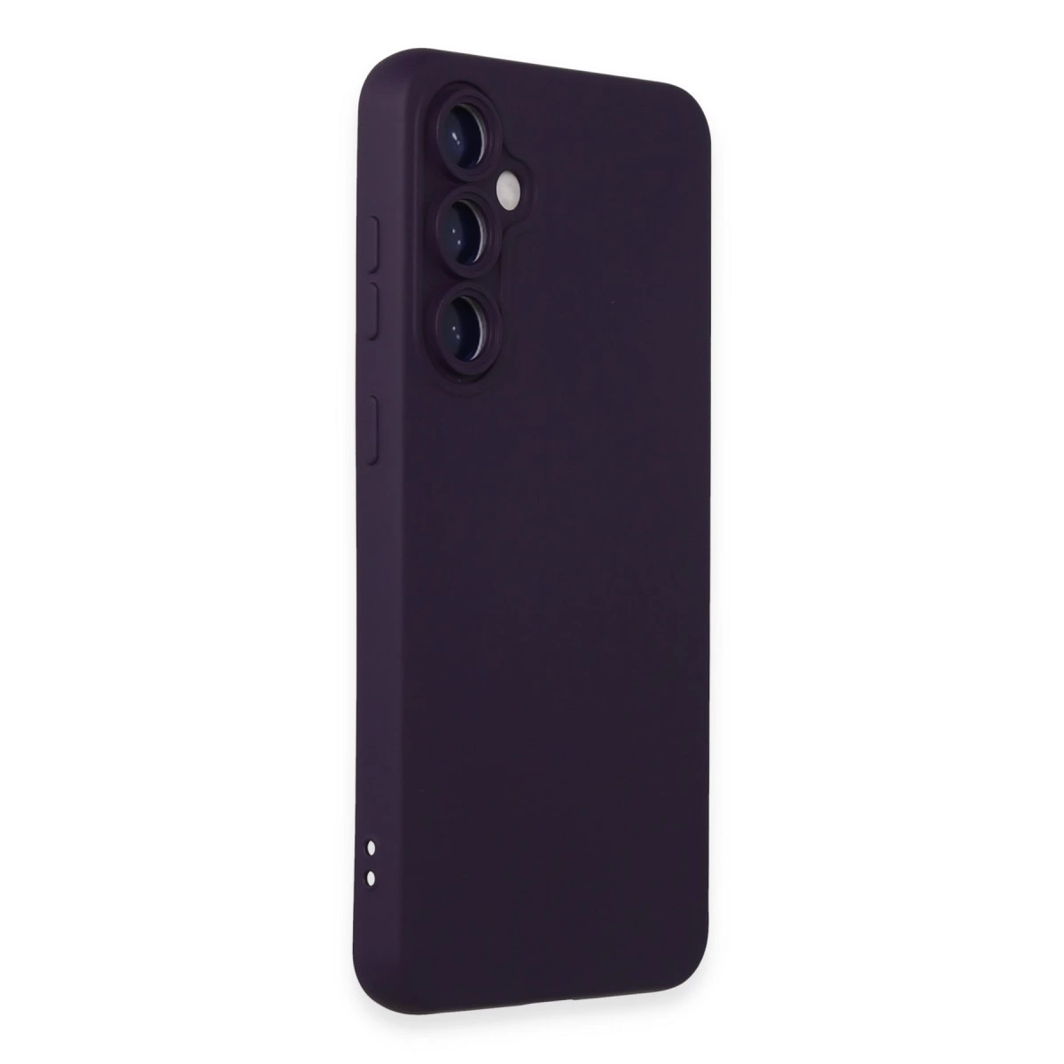 Üç kamera lensi ve düğmeleri olan koyu mor telefon kılıfı.