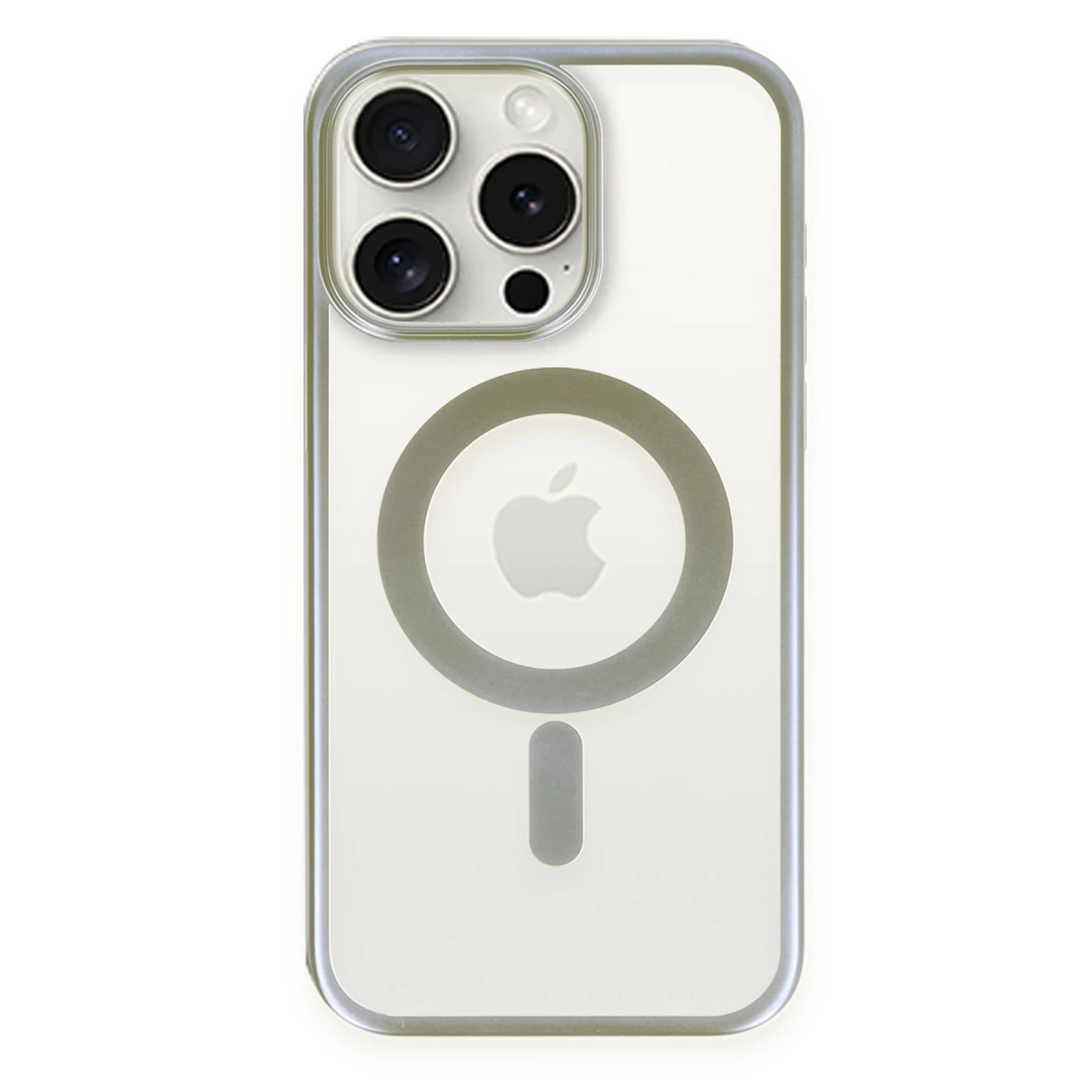 Üç kameralı ve Apple logolu şeffaf iPhone kılıfı.
