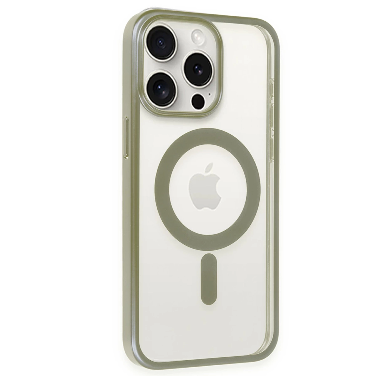 Apple logosu ve MagSafe halkası olan şeffaf iPhone kılıfı.