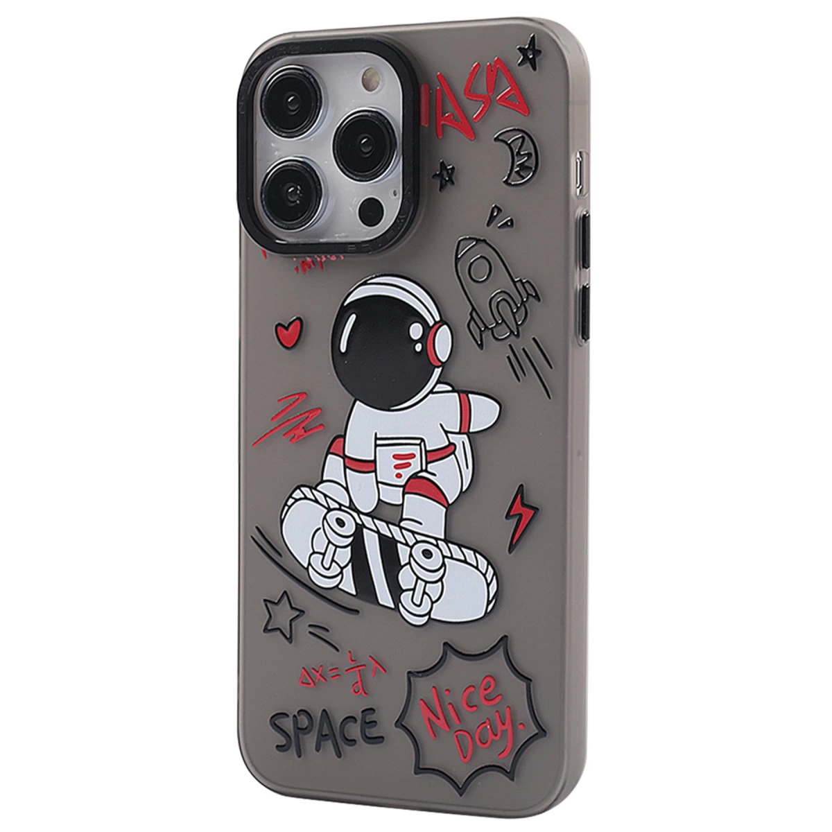Astronotlu, roketli, ay ve NASA desenli gri telefon kılıfı.