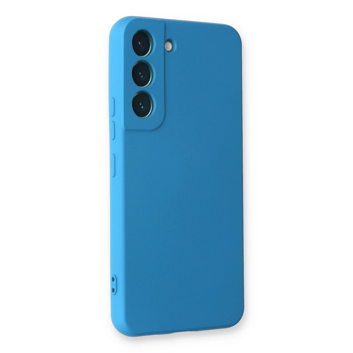 Üç kamera lensi ve flaşlı mavi telefon kılıfı.