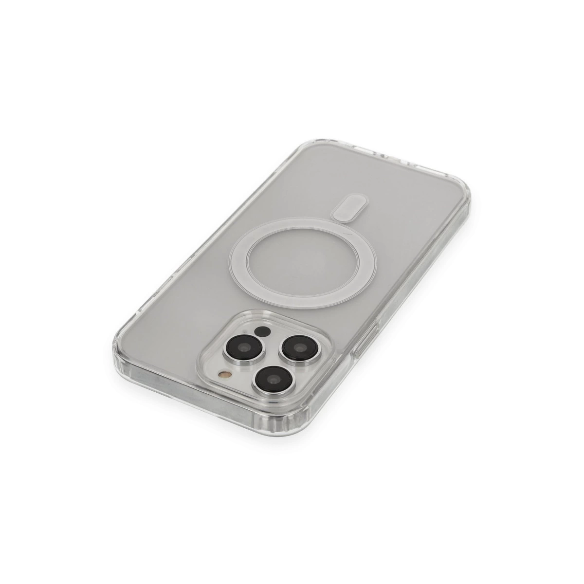 Beyaz arka plan üzerinde halka tutuculu şeffaf telefon kılıfı.