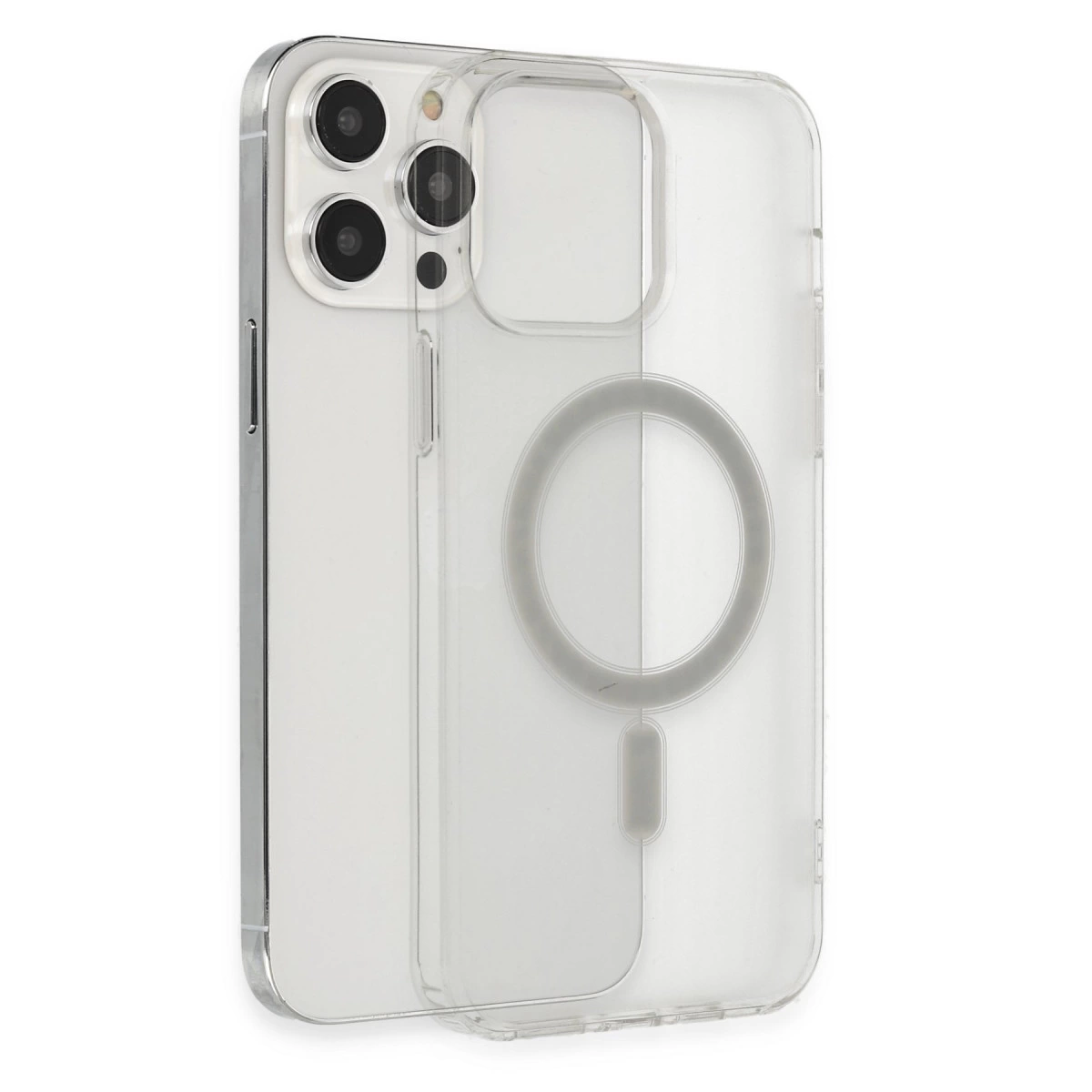 iPhone için manyetik halkalı şeffaf telefon kılıfı, beyaz arka yüz.