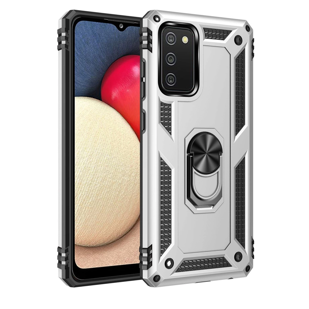 Halka tutuculu ve kamera dizili gümüş telefon kılıfı.