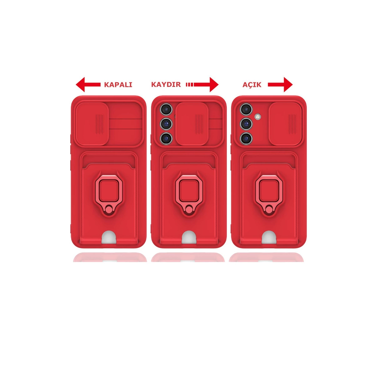 Kapalı, kaydırılmış ve açık kamera kapaklı üç kırmızı telefon kılıfı.