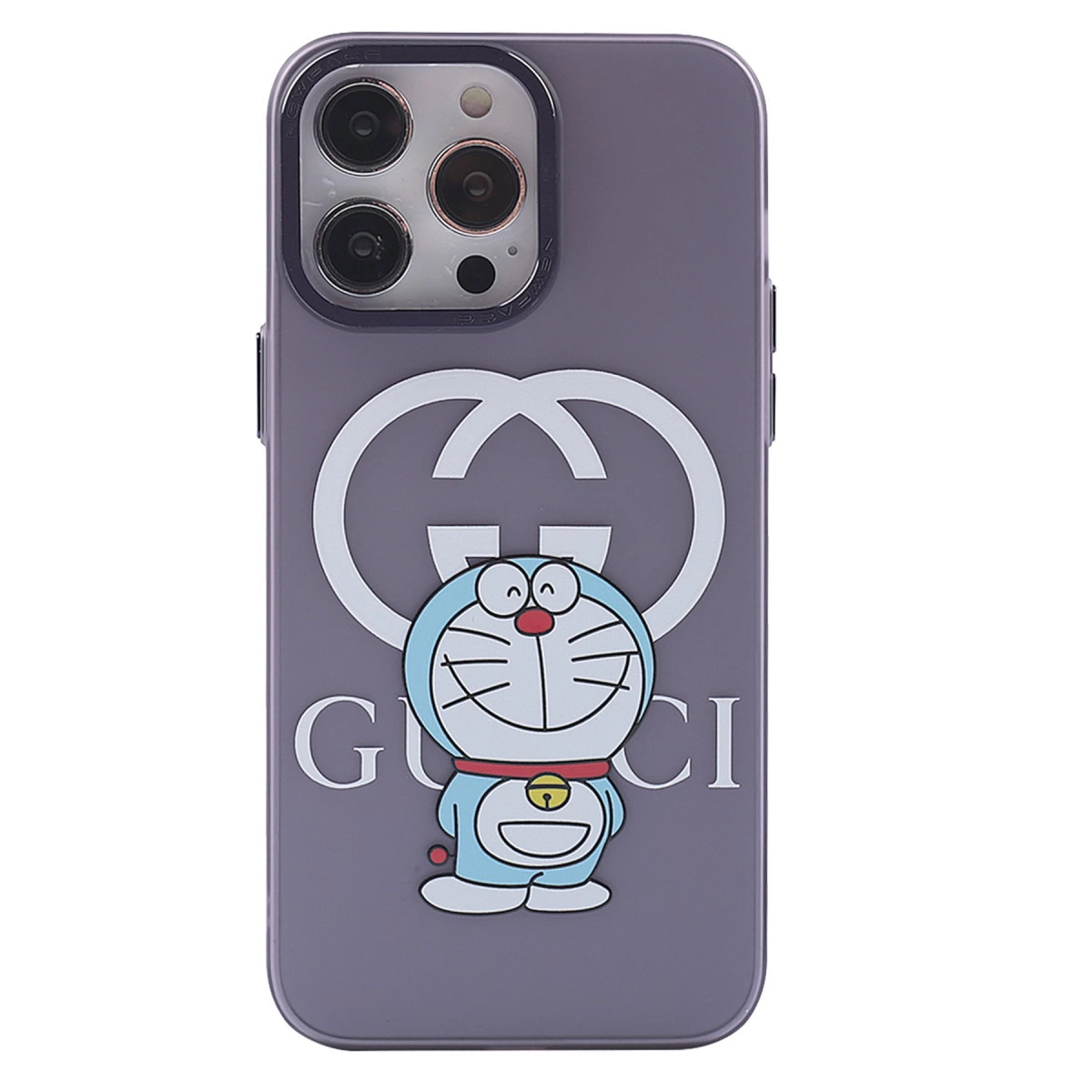 Doraemon ve Gucci logolu mor telefon kılıfı.