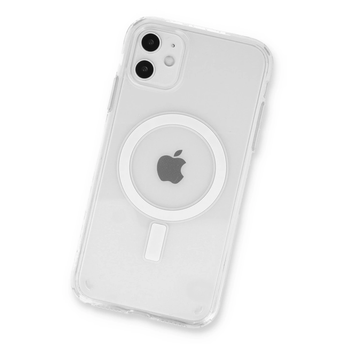 Beyaz arka plan üzerinde Apple logosu ve MagSafe halkası bulunan şeffaf iPhone kılıfı.