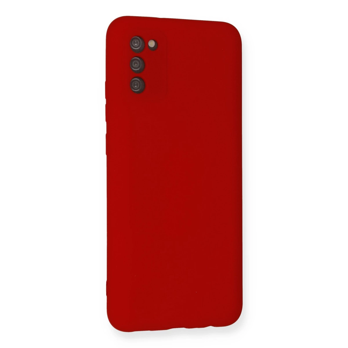 Üç kamera lensi ve flaşa sahip kırmızı telefon kılıfı.