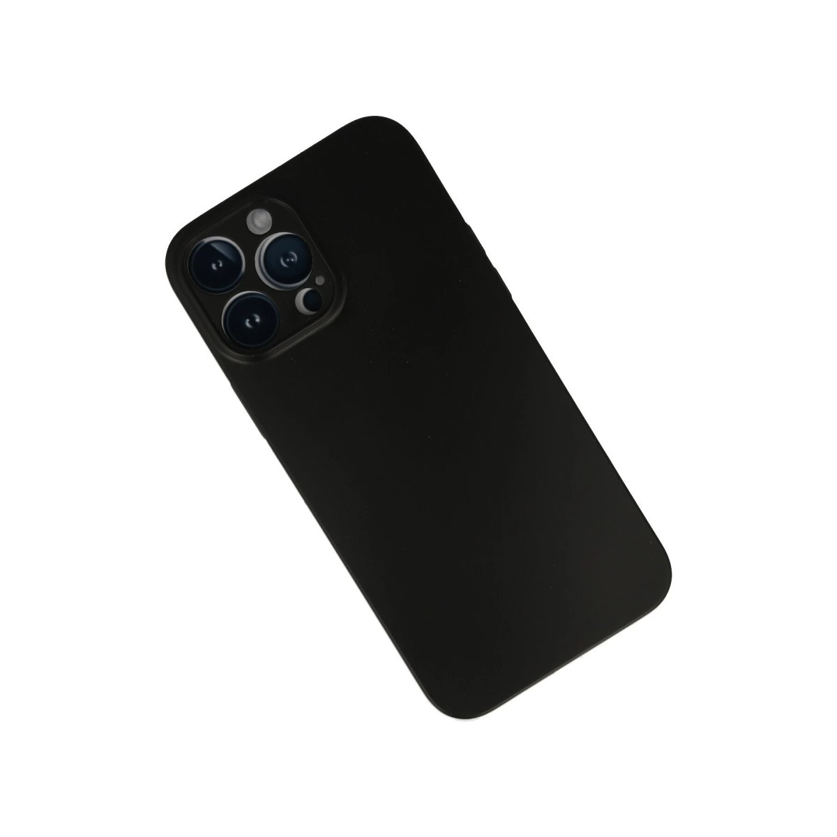 Üçlü kamera kurulumlu siyah telefon kılıfı.