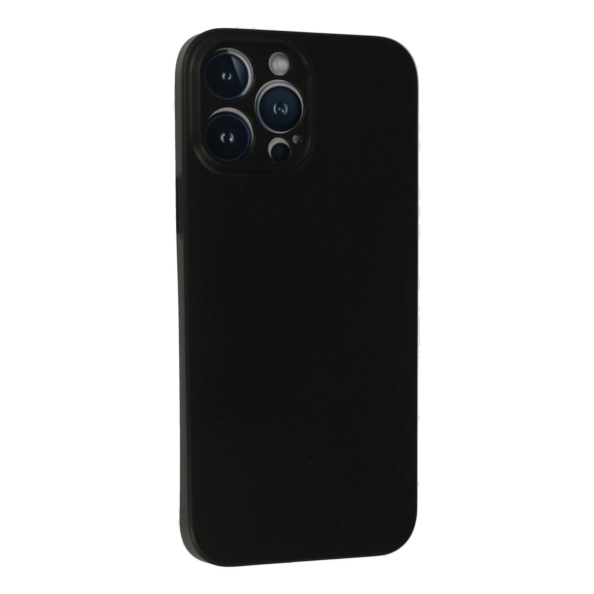 Beyaz arka plan üzerinde üçlü kameraya sahip siyah iPhone kılıfı.