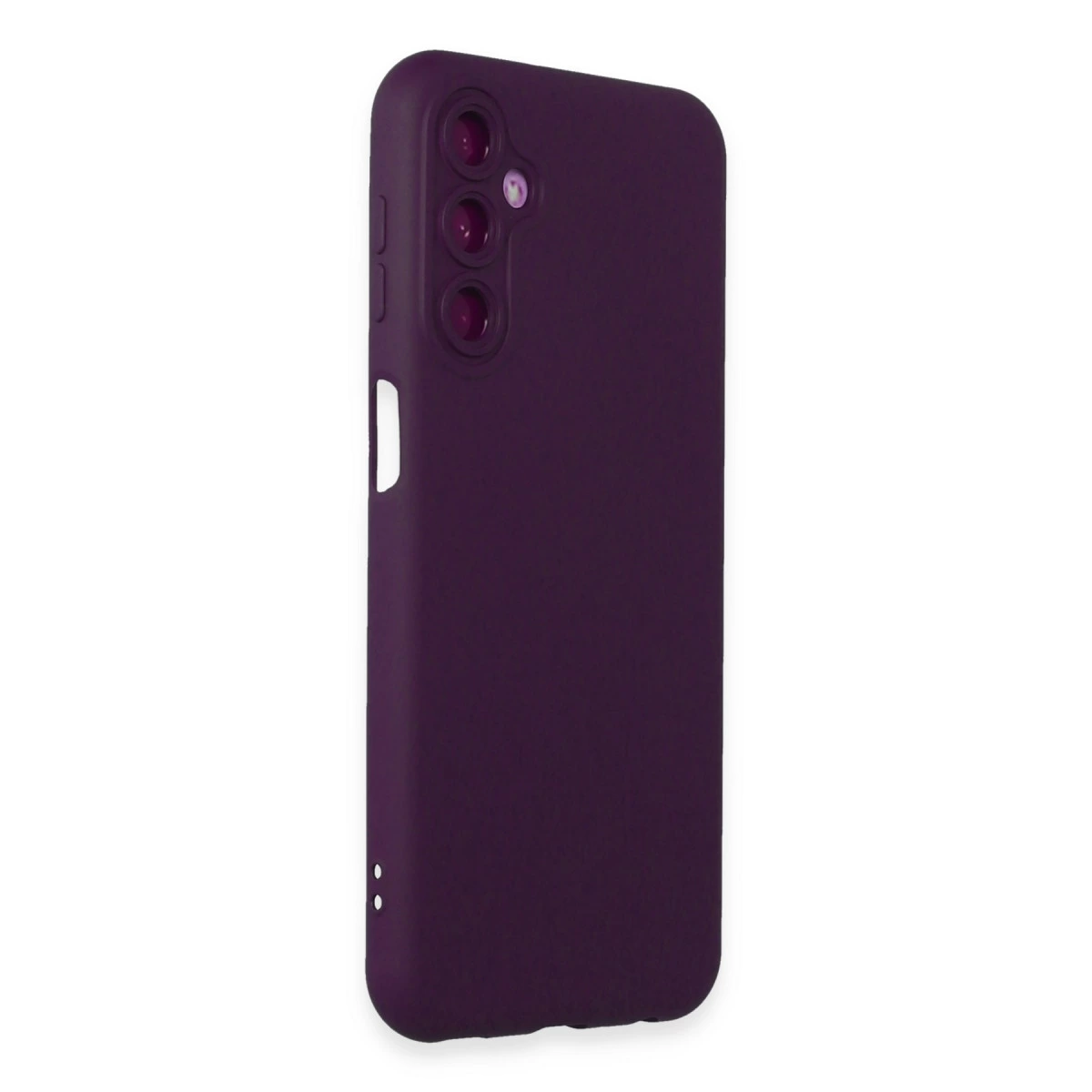 Arka kamera kesimli, beyaz çizgili koyu mor telefon kılıfı.