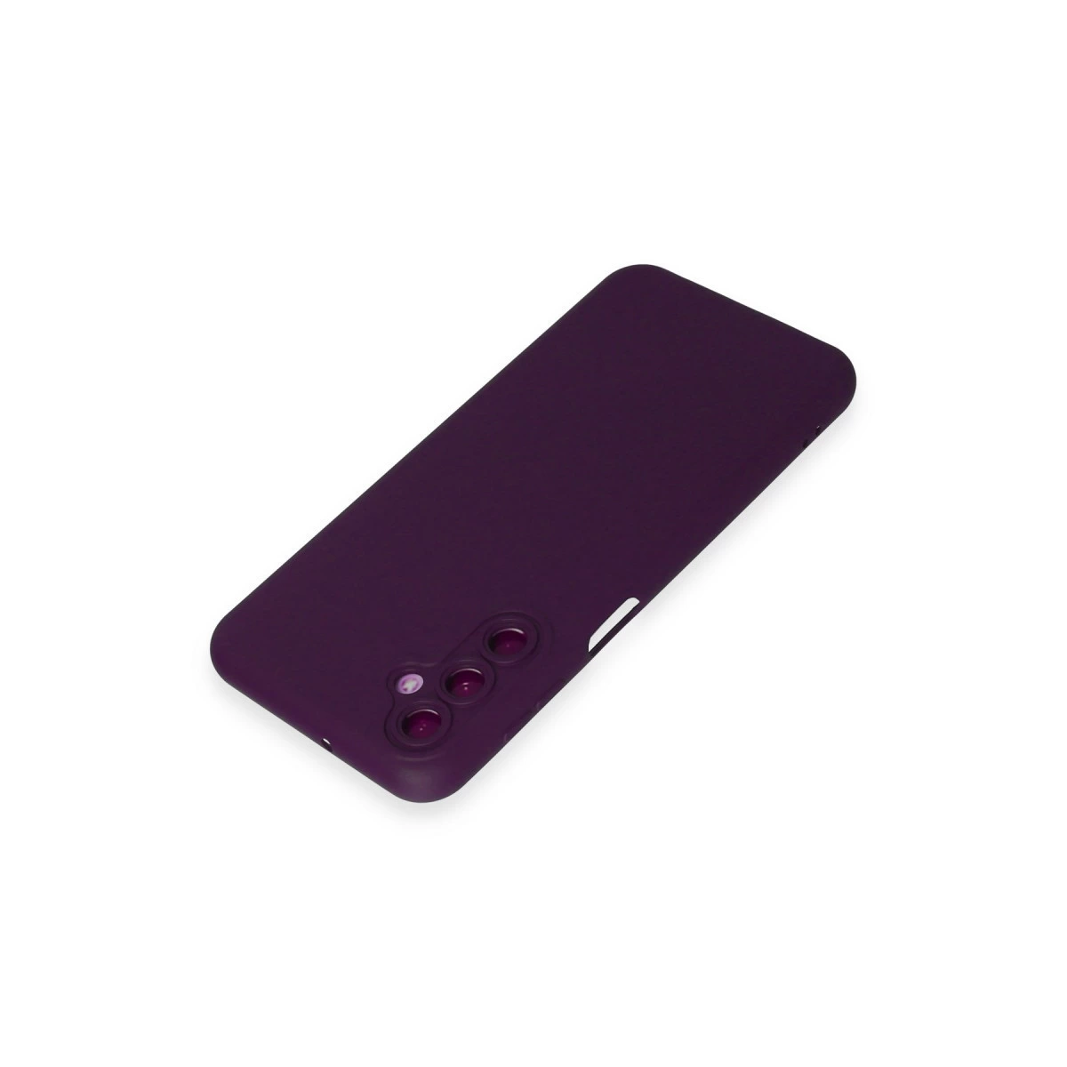 Kamera kesimli koyu mor telefon kılıfı beyaz zeminde.