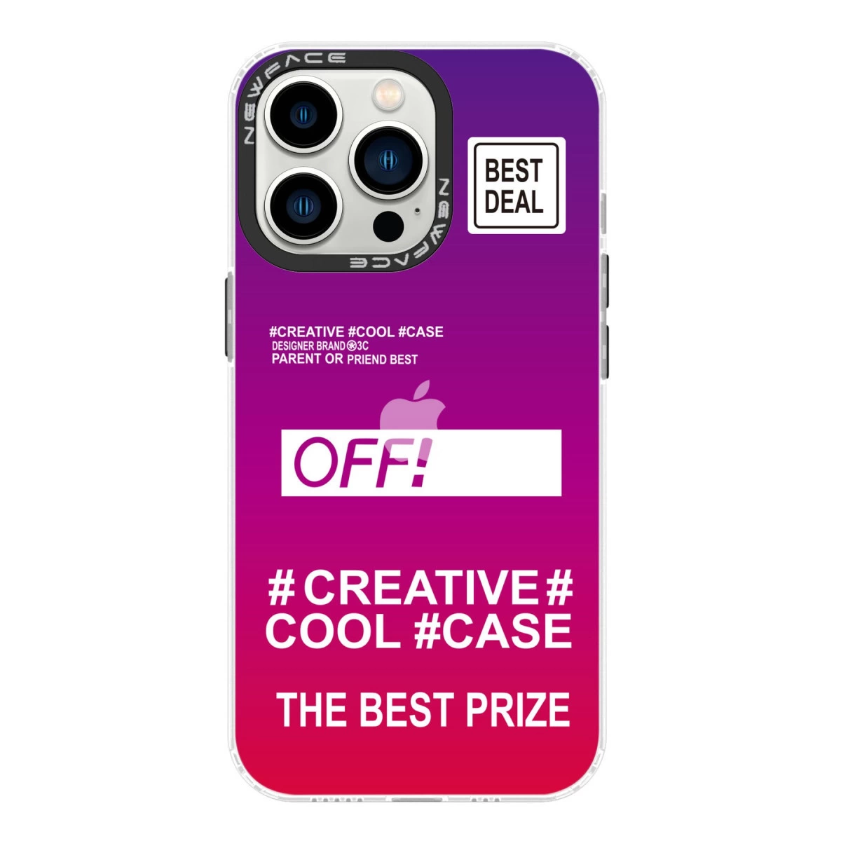 Mor-pembe degrade, kamera ve metinli telefon kılıfı: BEST DEAL, OFF!, #CREATIVE #COOL #CASE.